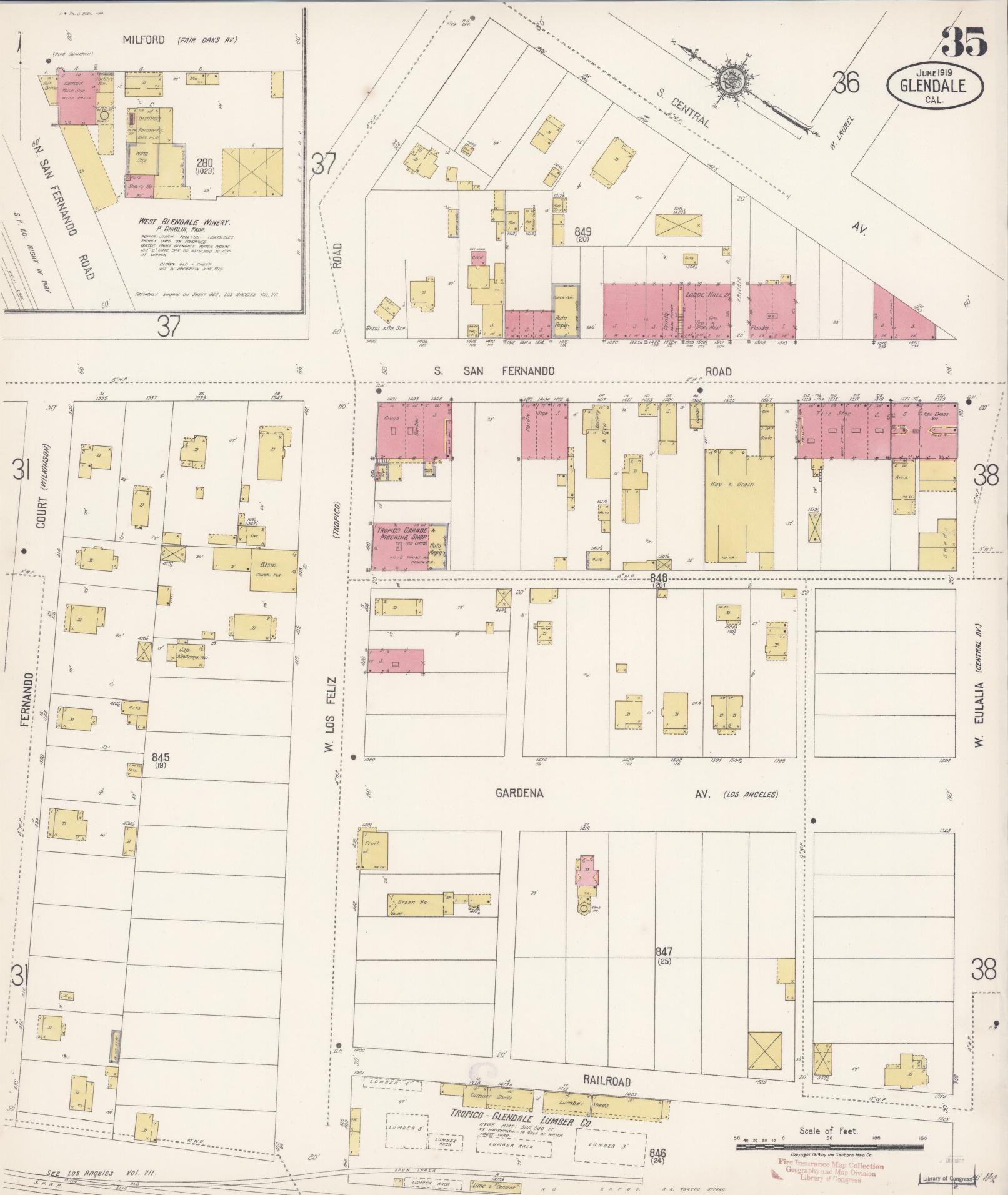Sanborn Fire Insurance Map from Glendale, Los Angeles County, California (1919), Sheet #0035 - Historic Sanborn Fire Insurance Map Print, vintage old map wall art, antique decor, genealogy gift, California California map