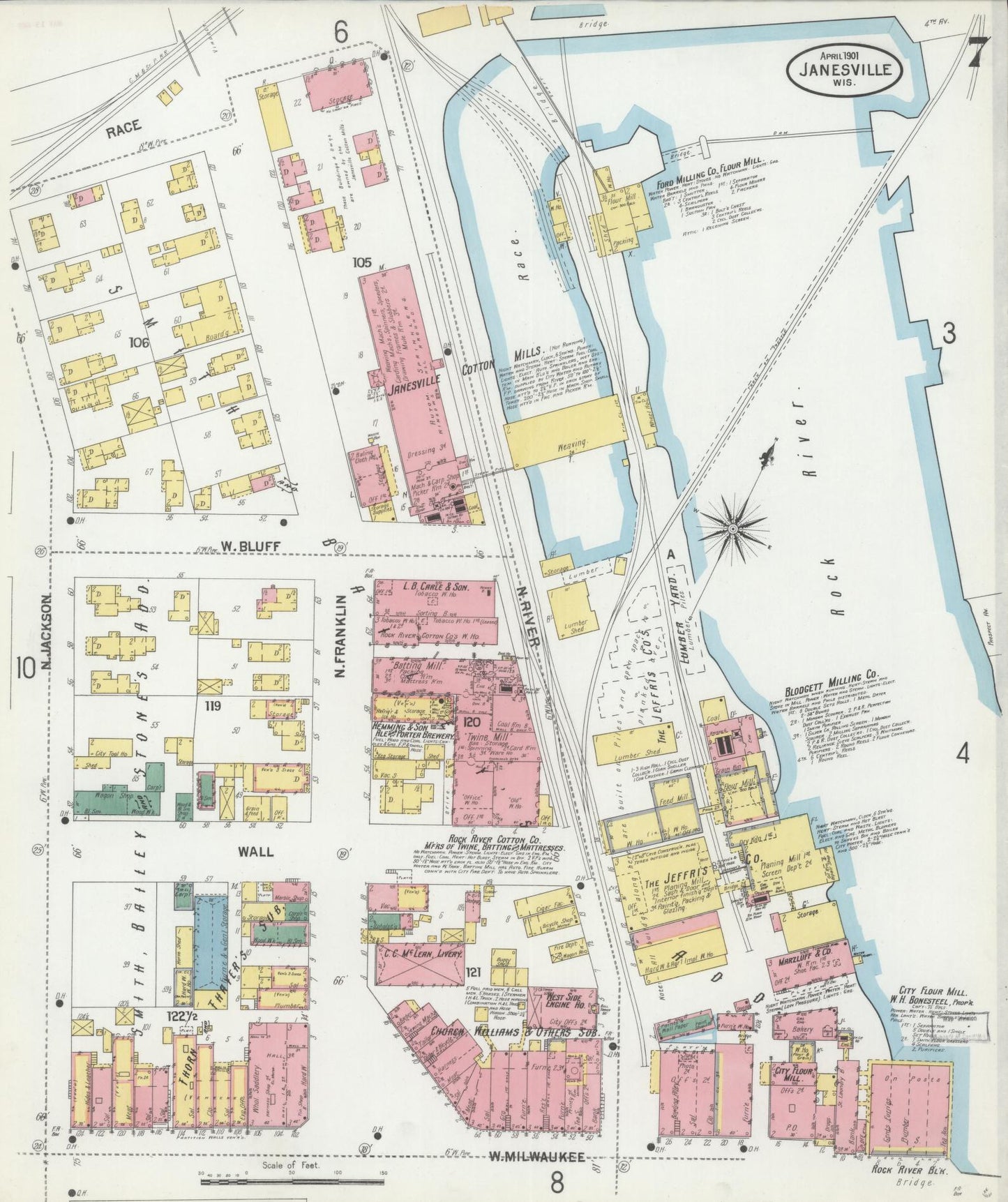 Sanborn Fire Insurance Map from Janesville, Rock County, Wisconsin (1901), Sheet #0007 - Historic Sanborn Fire Insurance Map Print, vintage old map wall art, antique decor, genealogy gift, Wisconsin Wisconsin map