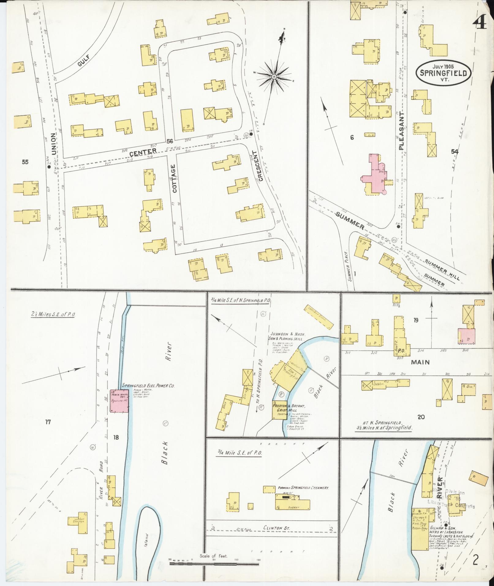 Sanborn Fire Insurance Map from Springfield, Windsor County, Vermont (1905), Sheet #0004 - Historic Sanborn Fire Insurance Map Print, vintage old map wall art, antique decor, genealogy gift, Vermont Vermont map