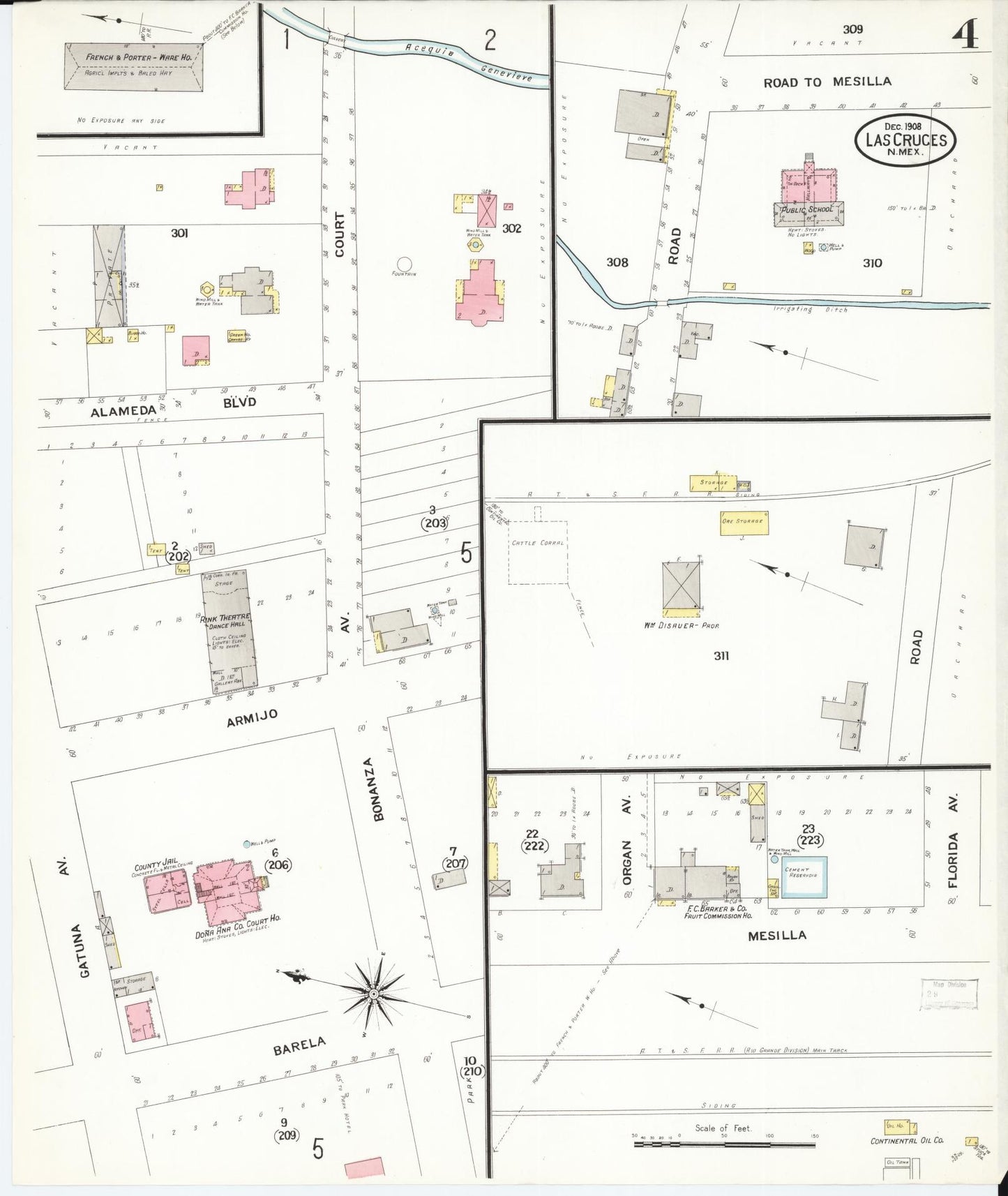Sanborn Fire Insurance Map from Las Cruces, Dona Ana County, New Mexico (1908), Sheet #0004 - Historic Sanborn Fire Insurance Map Print, vintage old map wall art, antique decor, genealogy gift, New Mexico New Mexico map