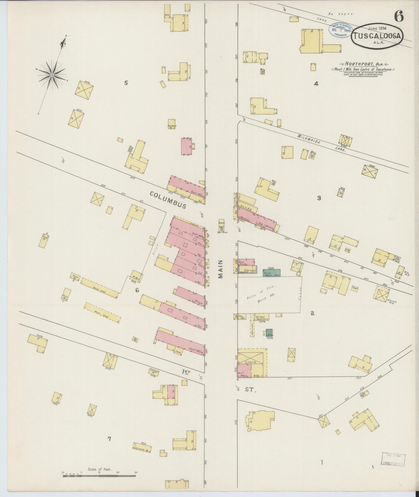 Sanborn Fire Insurance Map from Tuscaloosa, Tuscaloosa County, Alabama (1894), Sheet #0006 - Complete Map Set gallery image, historic Sanborn map, vintage wall art, Alabama Alabama