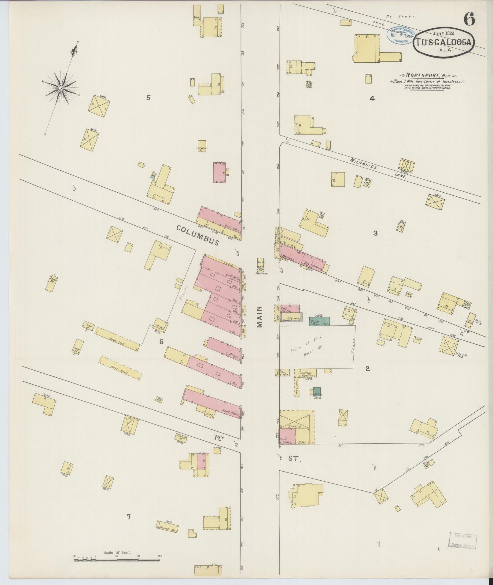 Sanborn Fire Insurance Map from Tuscaloosa, Tuscaloosa County, Alabama (1894), Sheet #0006 - Complete Map Set gallery image, historic Sanborn map, vintage wall art, Alabama Alabama