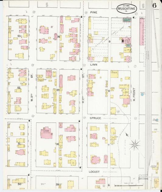 Sanborn Fire Insurance Map from Muscatine, Musactine County, Iowa (1892), Sheet #0006 - Historic Sanborn Fire Insurance Map Print, vintage old map wall art
