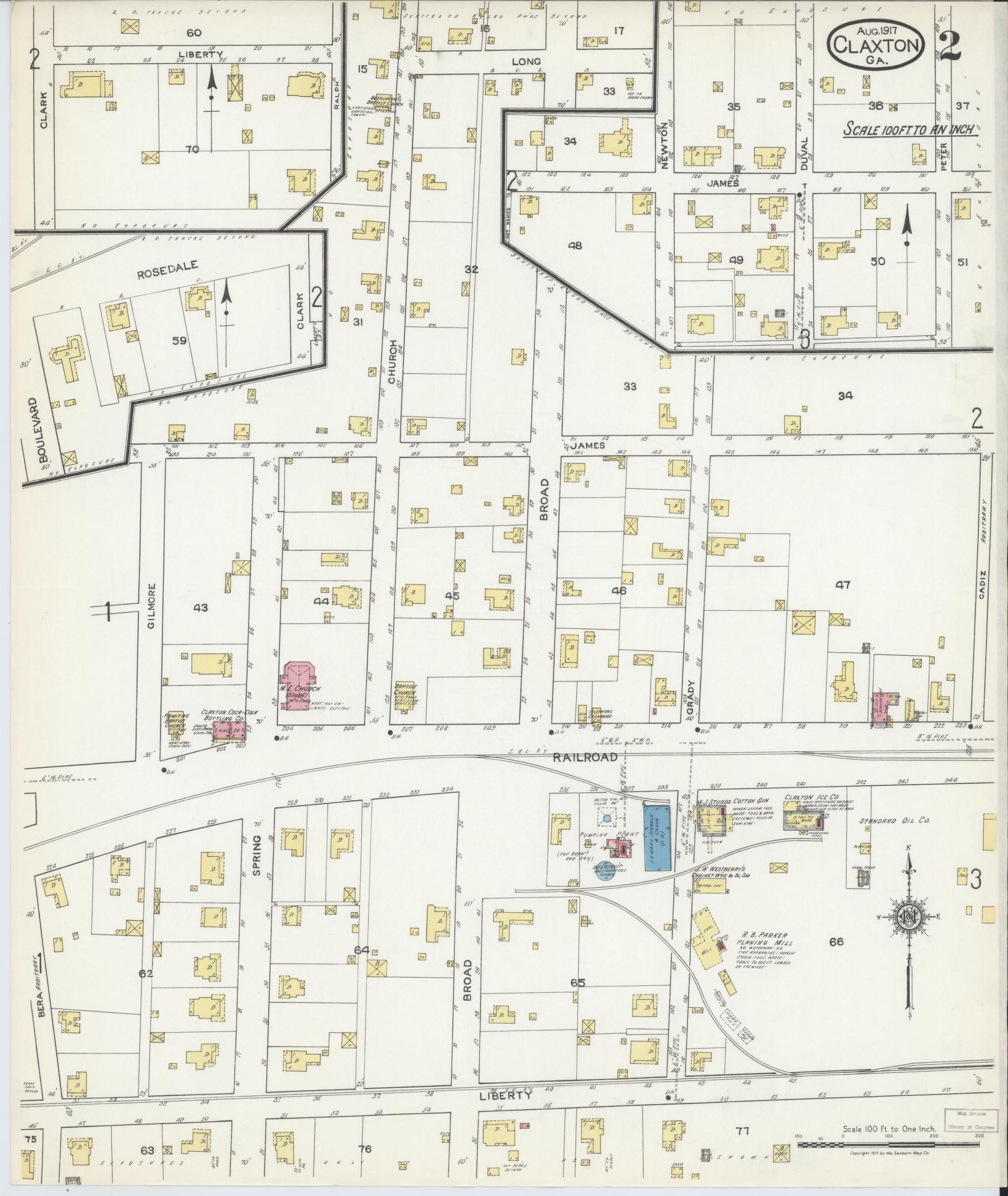 Sanborn Fire Insurance Map from Claxton, Evans County, Georgia (1917), Sheet #0002 - Historic Sanborn Fire Insurance Map Print, vintage old map wall art, antique decor, genealogy gift, Georgia Georgia map