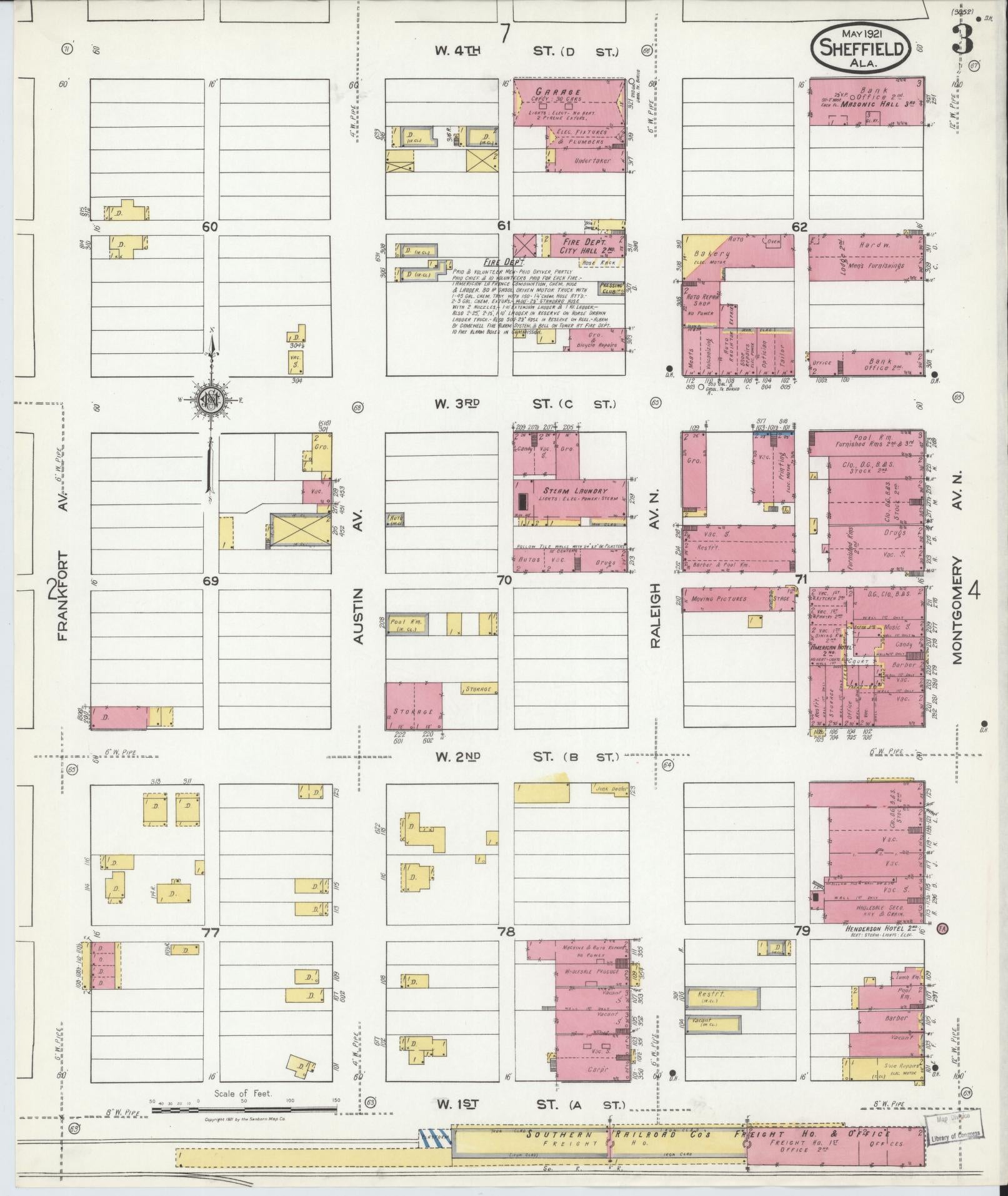 Sanborn Fire Insurance Map from Sheffield, Colbert County, Alabama (1921), Sheet #0003 - Complete Map Set gallery image, historic Sanborn map, vintage wall art, Alabama Alabama