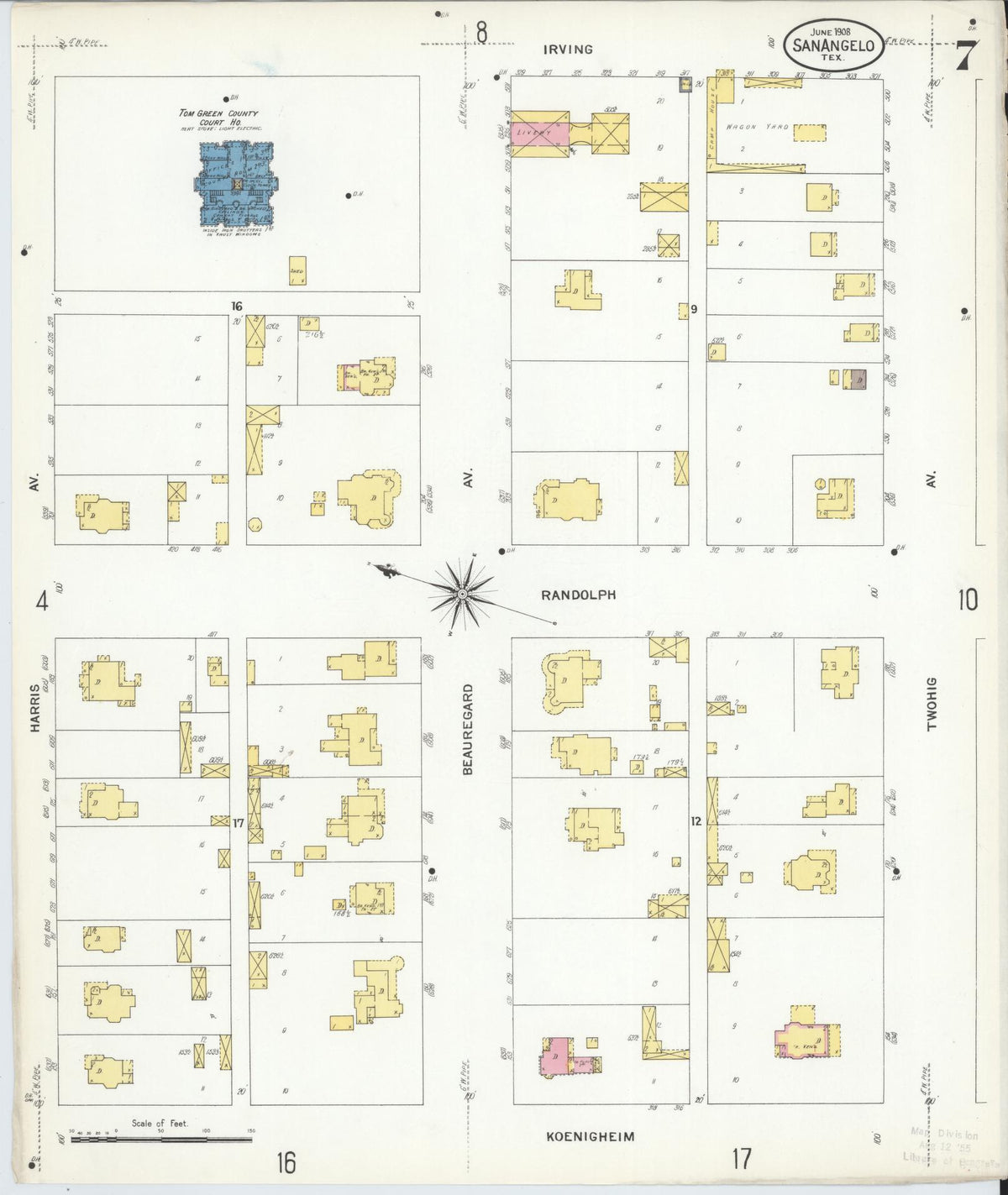 Sanborn Fire Insurance Map from San Angelo, Tom Green County, Texas (1908), Sheet #0007 - Historic Sanborn Fire Insurance Map Print, vintage old map wall art, antique decor, genealogy gift, Texas Texas map