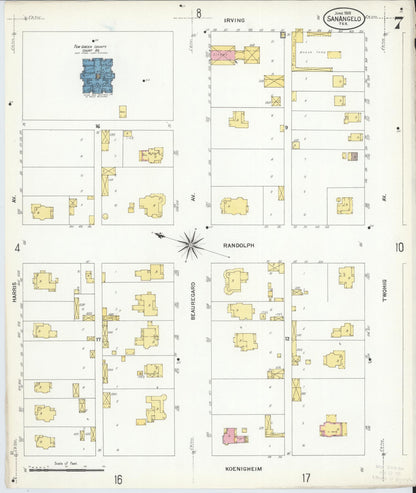 Sanborn Fire Insurance Map from San Angelo, Tom Green County, Texas (1908), Sheet #0007 - Historic Sanborn Fire Insurance Map Print, vintage old map wall art, antique decor, genealogy gift, Texas Texas map