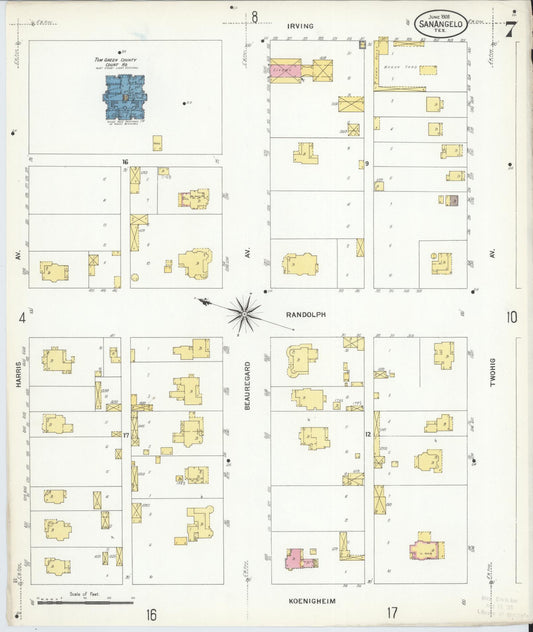 Sanborn Fire Insurance Map from San Angelo, Tom Green County, Texas (1908), Sheet #0007 - Historic Sanborn Fire Insurance Map Print, vintage old map wall art, antique decor, genealogy gift, Texas Texas map