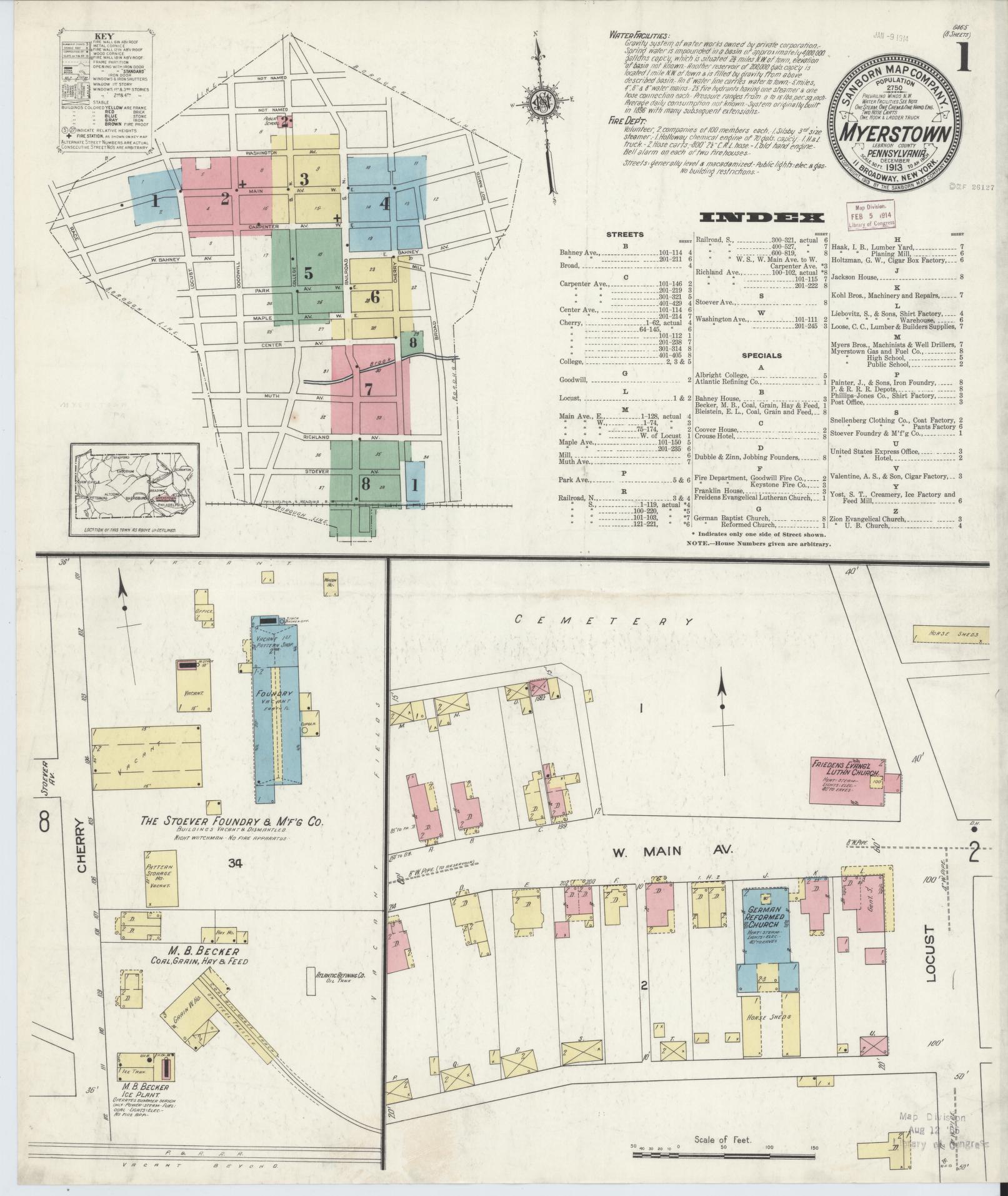 Sanborn Fire Insurance Map from Myerstown, Lebanon County, Pennsylvania (1913), Sheet #0001 - Historic Sanborn Fire Insurance Map Print, vintage old map wall art, antique decor, genealogy gift, Pennsylvania Pennsylvania map