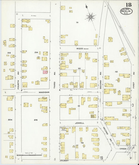Sanborn Fire Insurance Map from Berlin, Coos County, New Hampshire (1909), Sheet #0018 - Historic Sanborn Fire Insurance Map Print, vintage old map wall art, antique decor, genealogy gift, New Hampshire New Hampshire map
