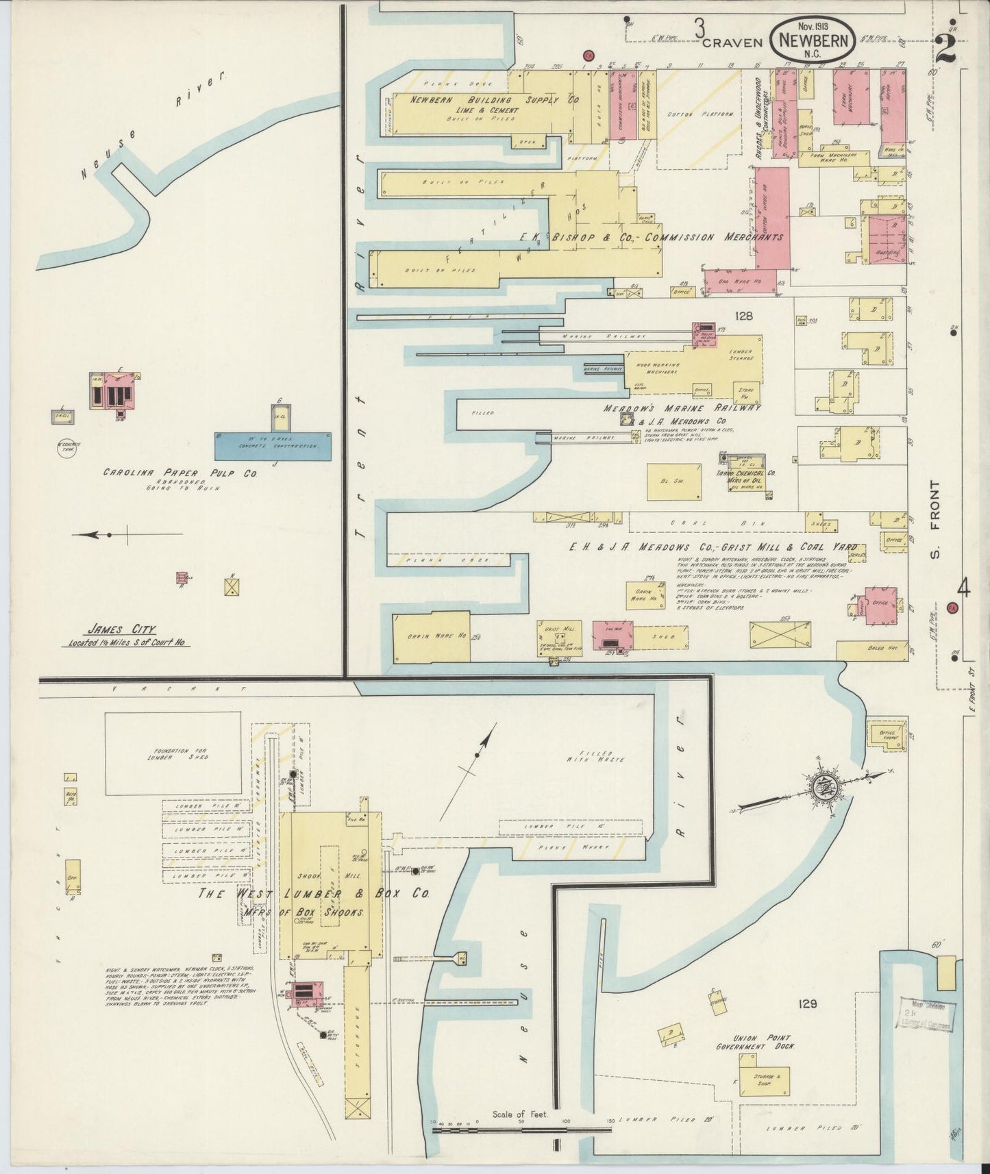 Sanborn Fire Insurance Map from New Bern, Craven County, North Carolina (1913), Sheet #0002 - Complete Map Set gallery image, historic Sanborn map, vintage wall art, North Carolina North Carolina