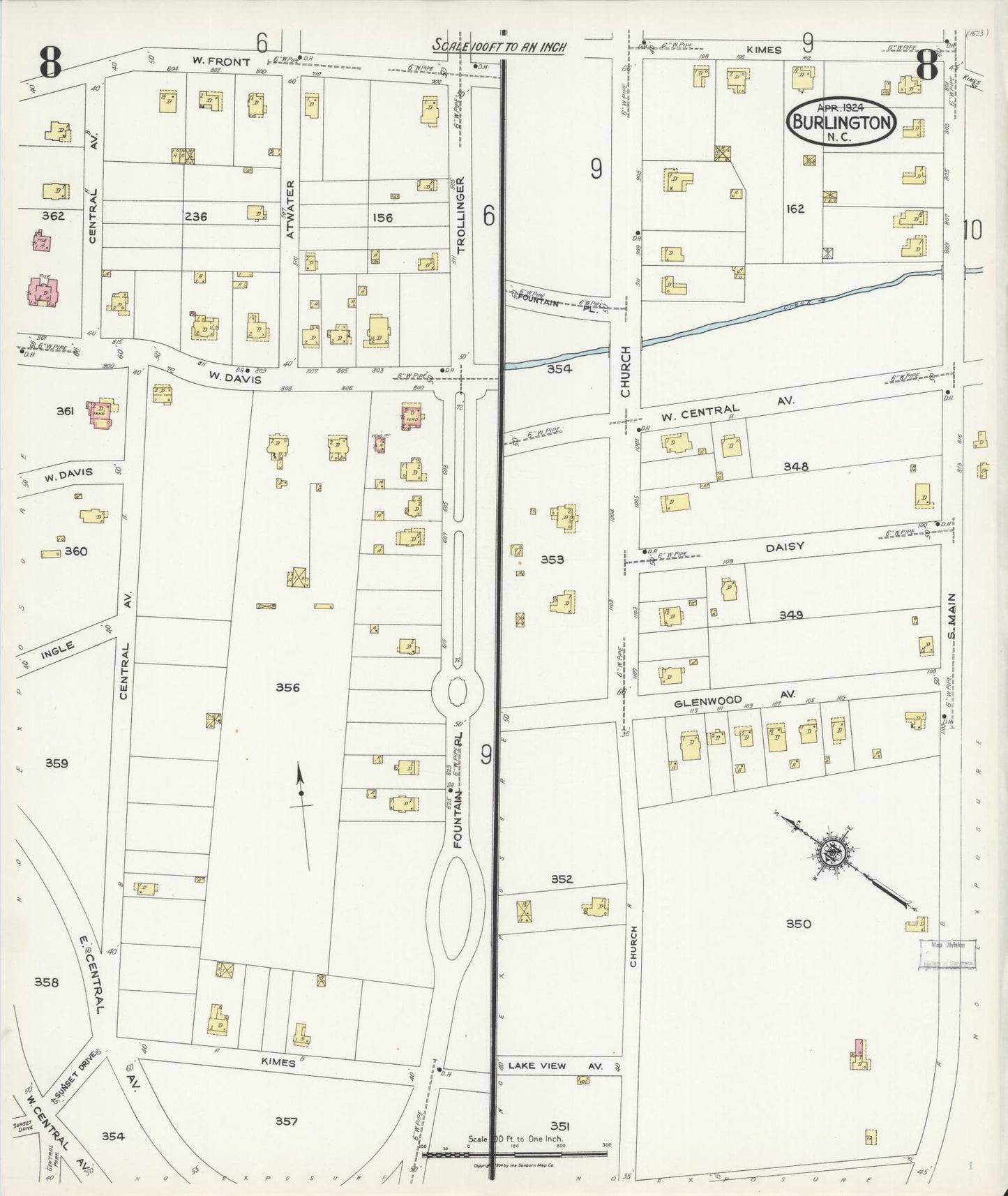 Sanborn Fire Insurance Map from Burlington, Alamance County, North Carolina (1924), Sheet #0008 - Historic Sanborn Fire Insurance Map Print, vintage old map wall art, antique decor, genealogy gift, North Carolina North Carolina map