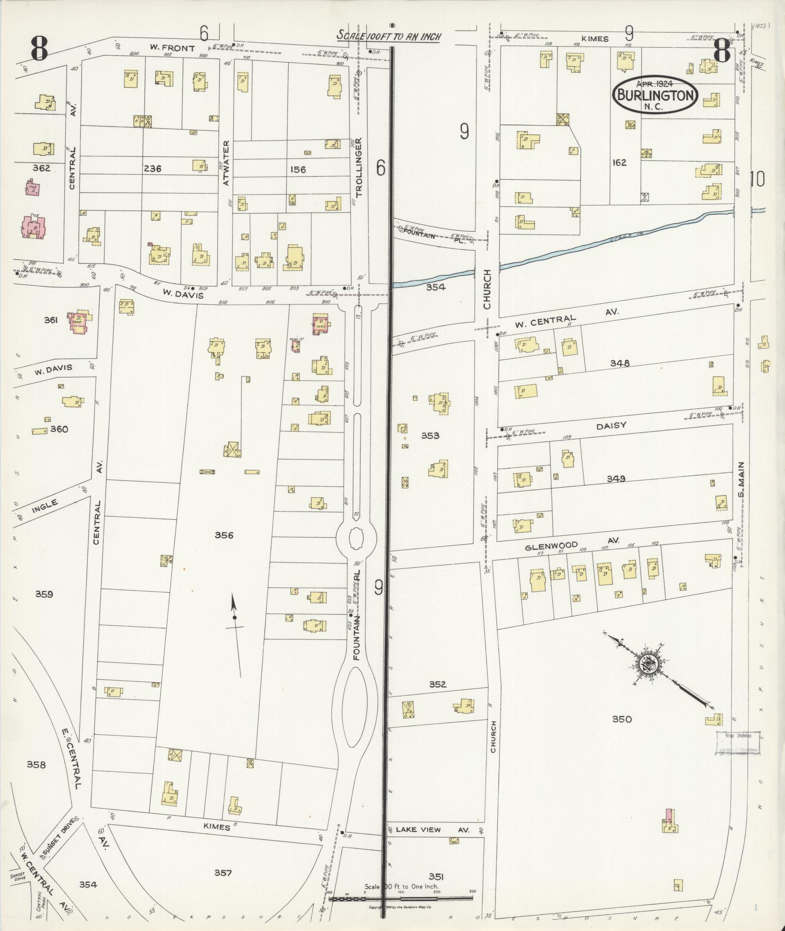 Sanborn Fire Insurance Map from Burlington, Alamance County, North Carolina (1924), Sheet #0008 - Historic Sanborn Fire Insurance Map Print, vintage old map wall art, antique decor, genealogy gift, North Carolina North Carolina map