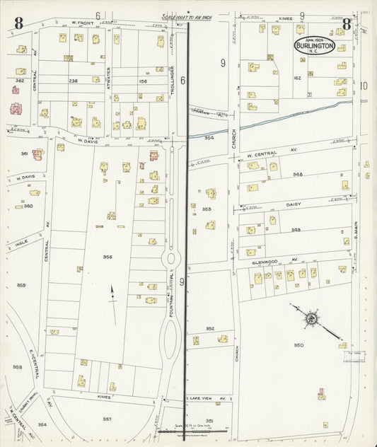 Sanborn Fire Insurance Map from Burlington, Alamance County, North Carolina (1924), Sheet #0008 - Historic Sanborn Fire Insurance Map Print, vintage old map wall art, antique decor, genealogy gift, North Carolina North Carolina map