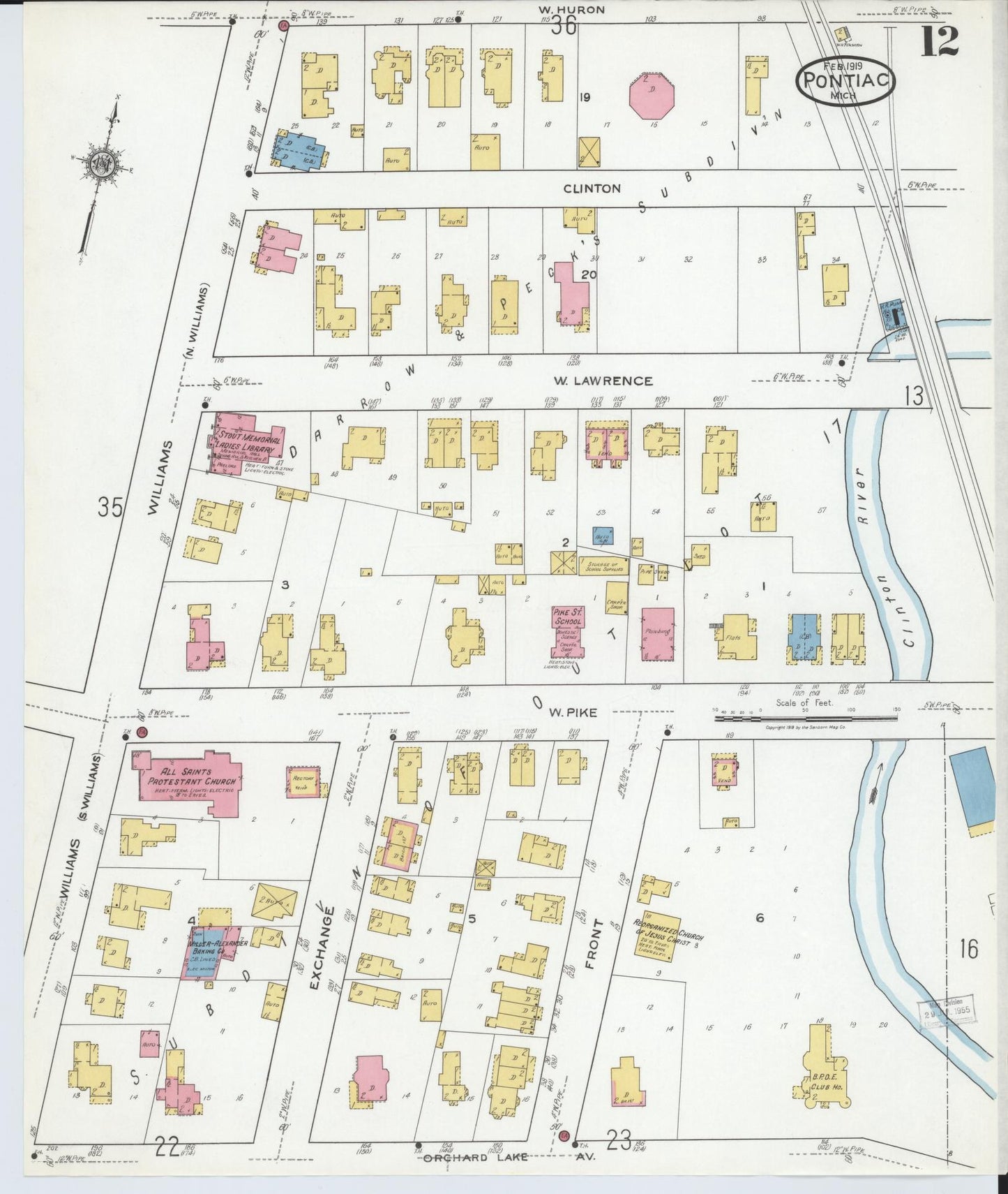 Sanborn Fire Insurance Map from Pontiac, Oakland County, Michigan (1919), Sheet #0012 - Complete Map Set gallery image, historic Sanborn map, vintage wall art, Michigan Michigan