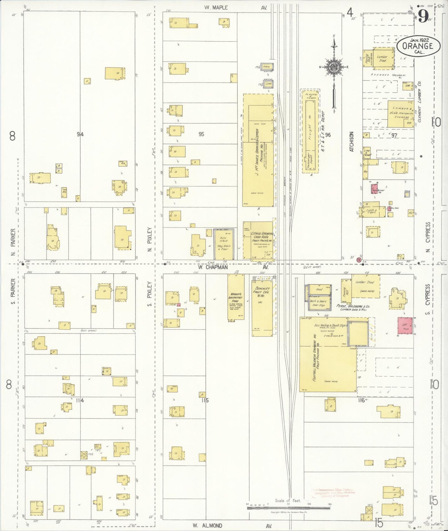 Sanborn Fire Insurance Map from Orange, Orange County, California (1922), Sheet #0009 - Complete Map Set gallery image, historic Sanborn map, vintage wall art, California California