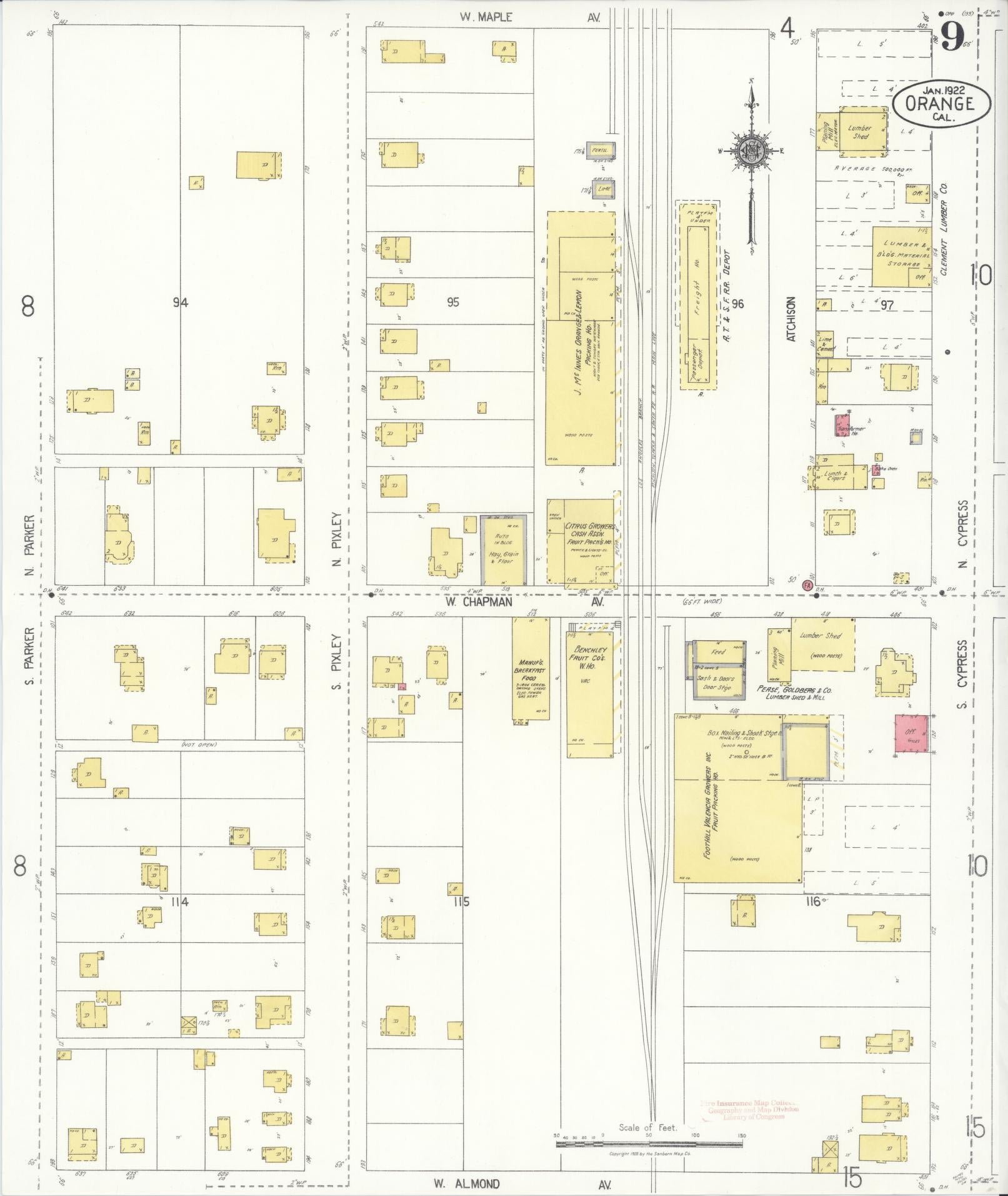 Sanborn Fire Insurance Map from Orange, Orange County, California (1922), Sheet #0009 - Complete Map Set gallery image, historic Sanborn map, vintage wall art, California California