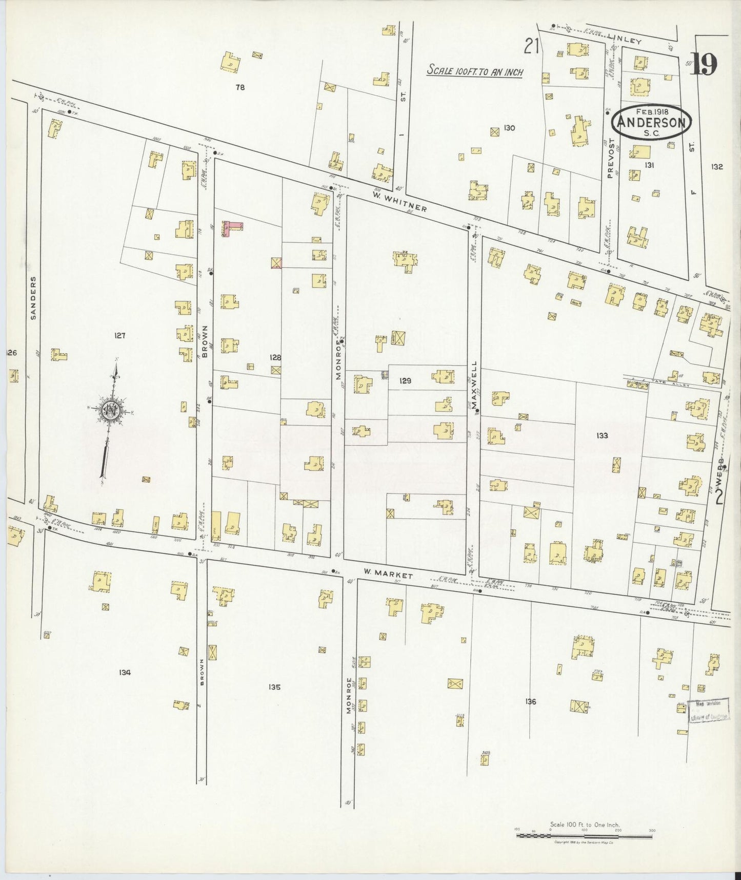 Sanborn Fire Insurance Map from Anderson, Anderson County, South Carolina (1918), Sheet #0019 - Complete Map Set gallery image, historic Sanborn map, vintage wall art, South Carolina South Carolina