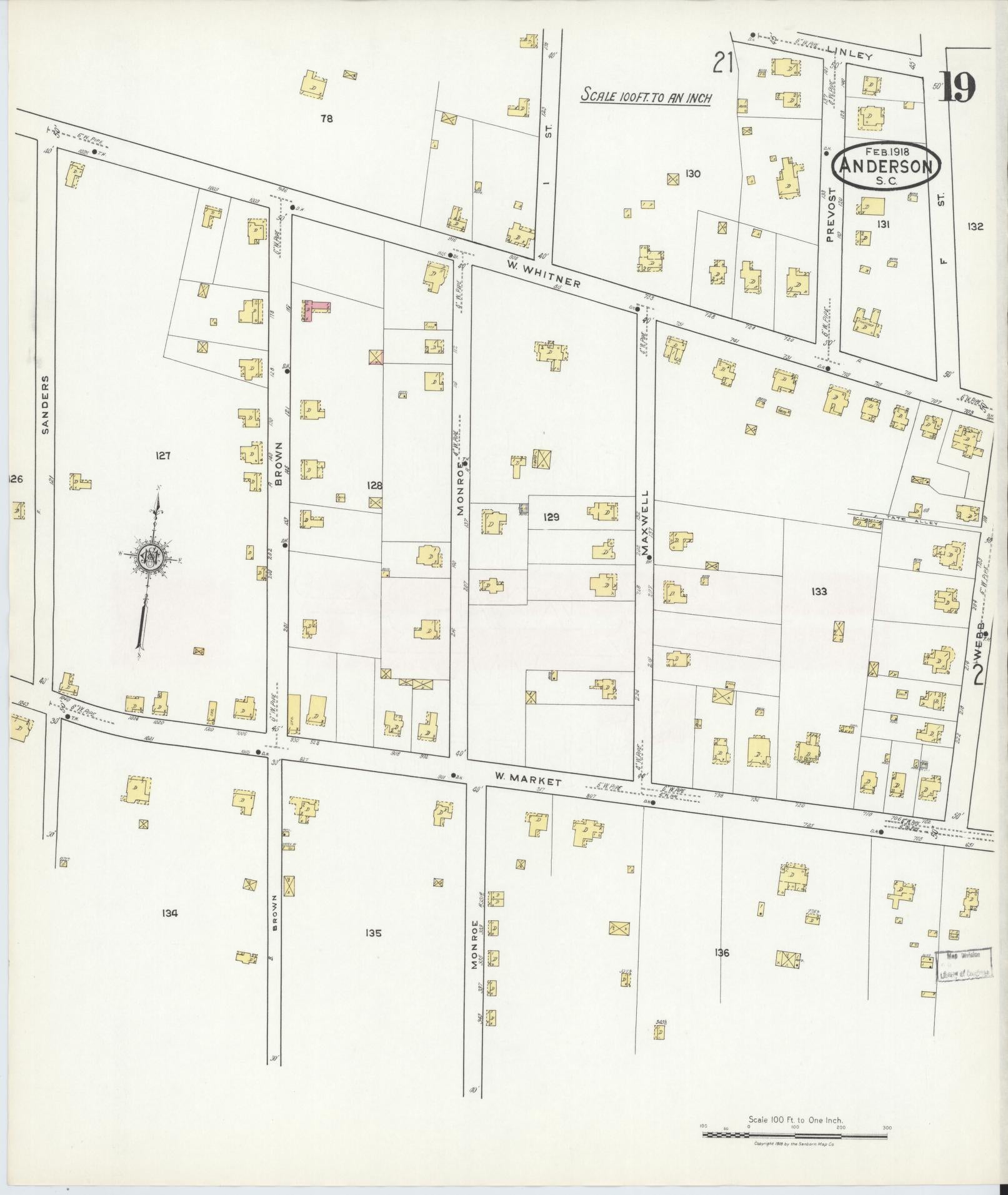 Sanborn Fire Insurance Map from Anderson, Anderson County, South Carolina (1918), Sheet #0019 - Complete Map Set gallery image, historic Sanborn map, vintage wall art, South Carolina South Carolina
