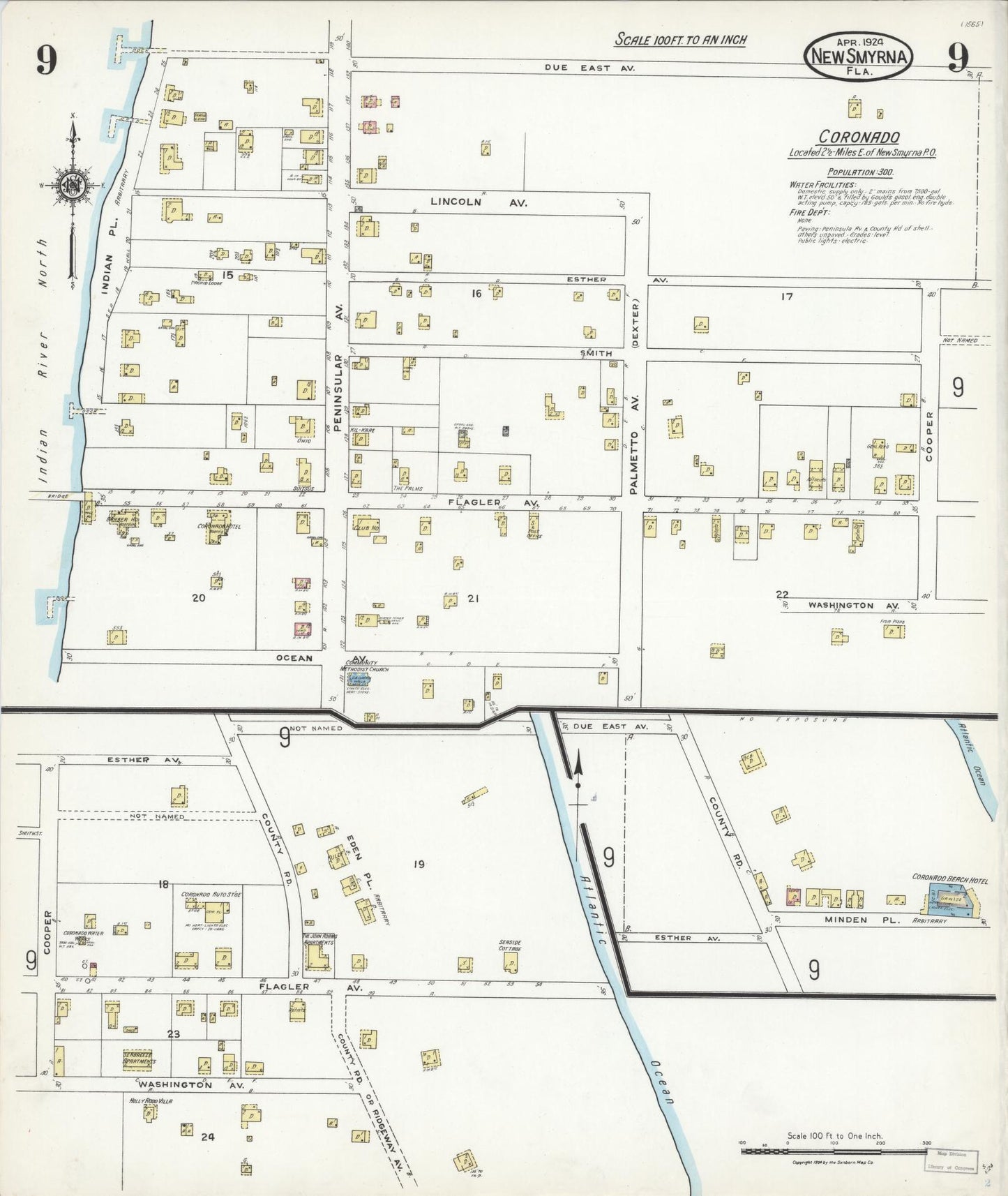 Sanborn Fire Insurance Map from New Smyrna, Valusia County, Florida (1924), Sheet #0009 - Historic Sanborn Fire Insurance Map Print, vintage old map wall art, antique decor, genealogy gift, Florida Florida map