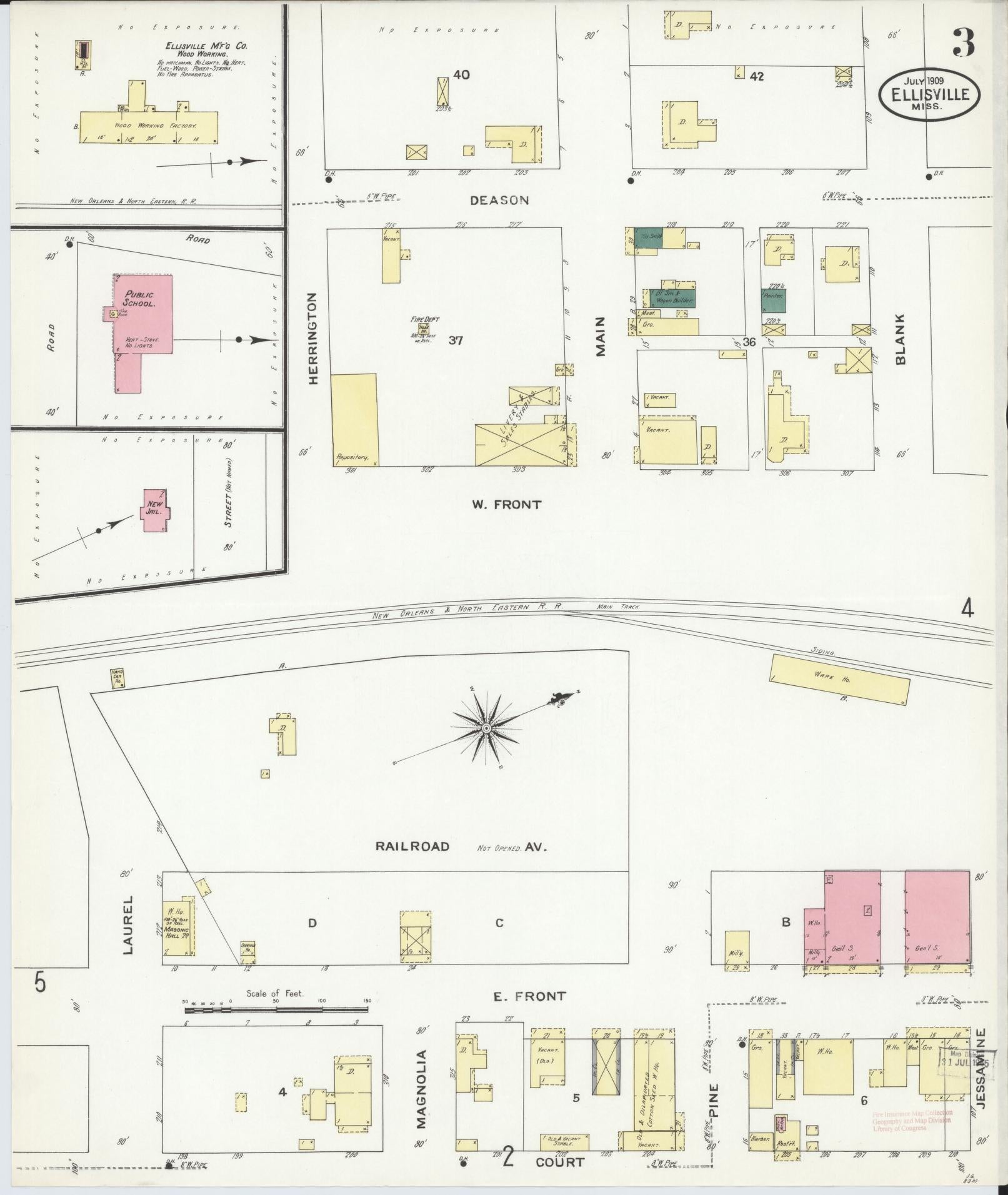 Sanborn Fire Insurance Map from Ellisville, Jones County, Mississippi (1909), Sheet #0003 - Complete Map Set gallery image, historic Sanborn map, vintage wall art, Mississippi Mississippi