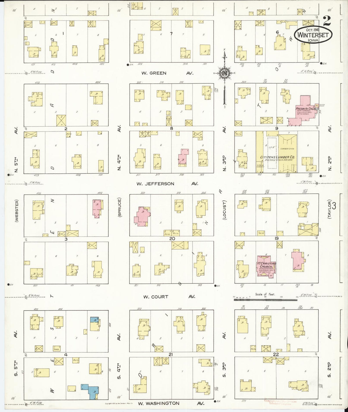 Sanborn Fire Insurance Map from Winterset, Madison County, Iowa (1916), Sheet #0002 - Historic Sanborn Fire Insurance Map Print, vintage old map wall art