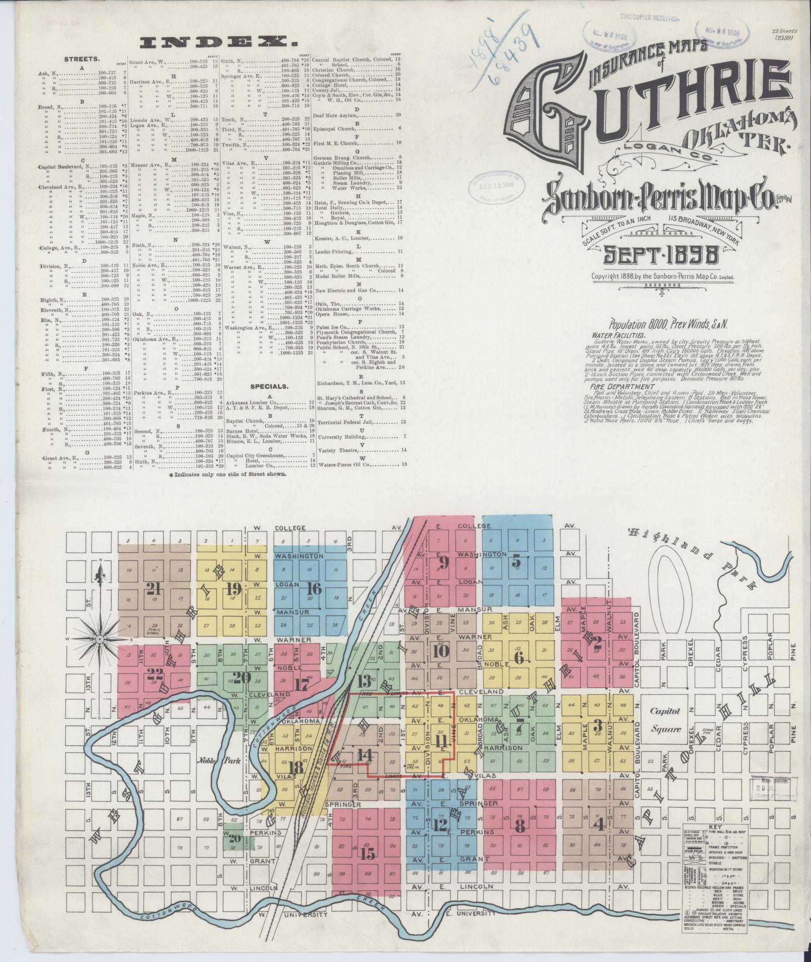 Sanborn Fire Insurance Map from Guthrie, Logan County, Oklahoma (1898), Sheet #0001 - Complete Map Set gallery image, historic Sanborn map, vintage wall art, Oklahoma Oklahoma