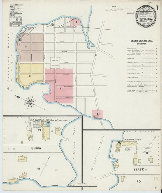 Sanborn Fire Insurance Map from Clayton, Jefferson County, New York (1891), Sheet #0001 - Complete Map Set gallery image, historic Sanborn map, vintage wall art, New York New York