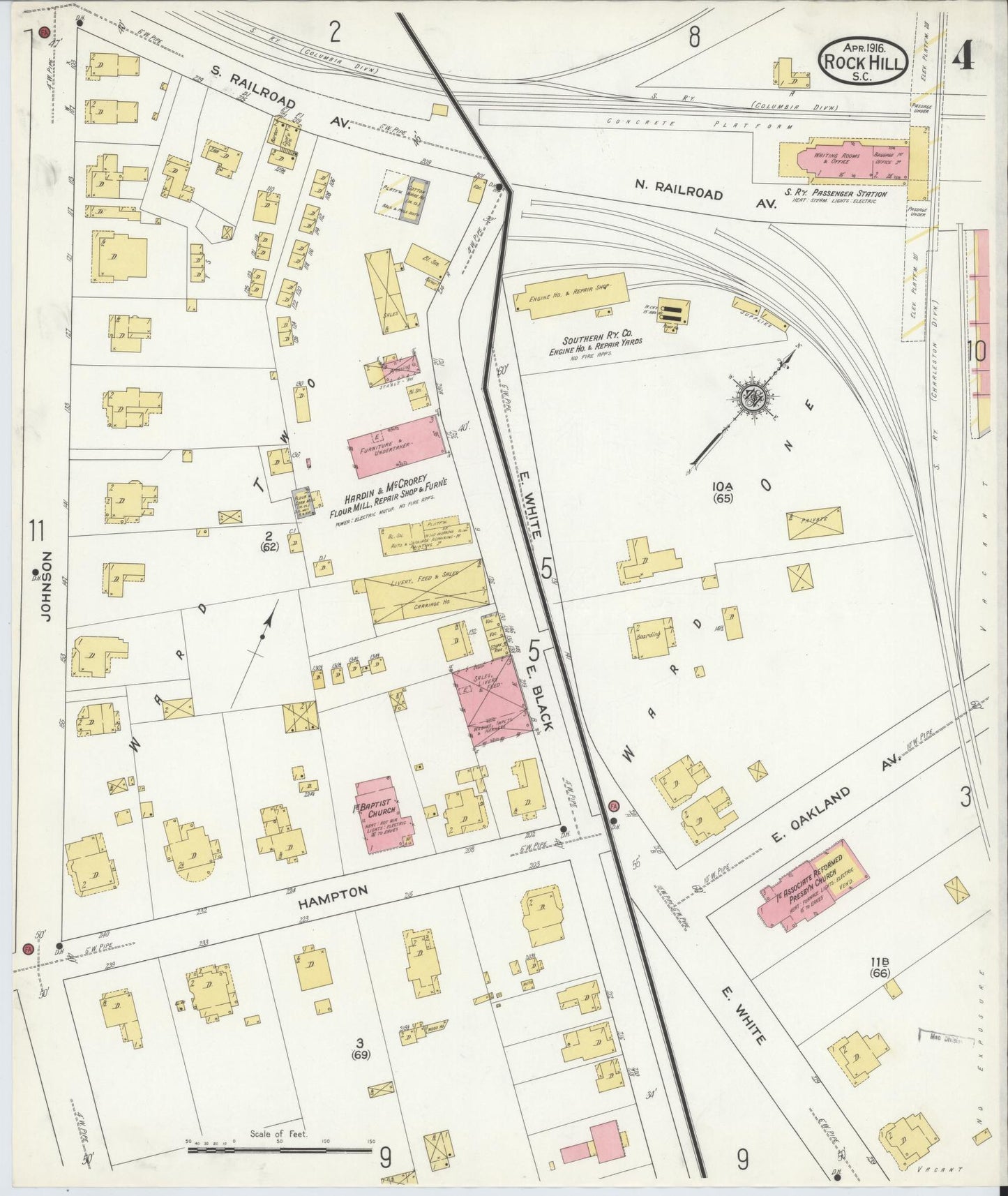 Sanborn Fire Insurance Map from Rock Hill, York County, South Carolina (1916), Sheet #0004 - Complete Map Set gallery image, historic Sanborn map, vintage wall art, South Carolina South Carolina