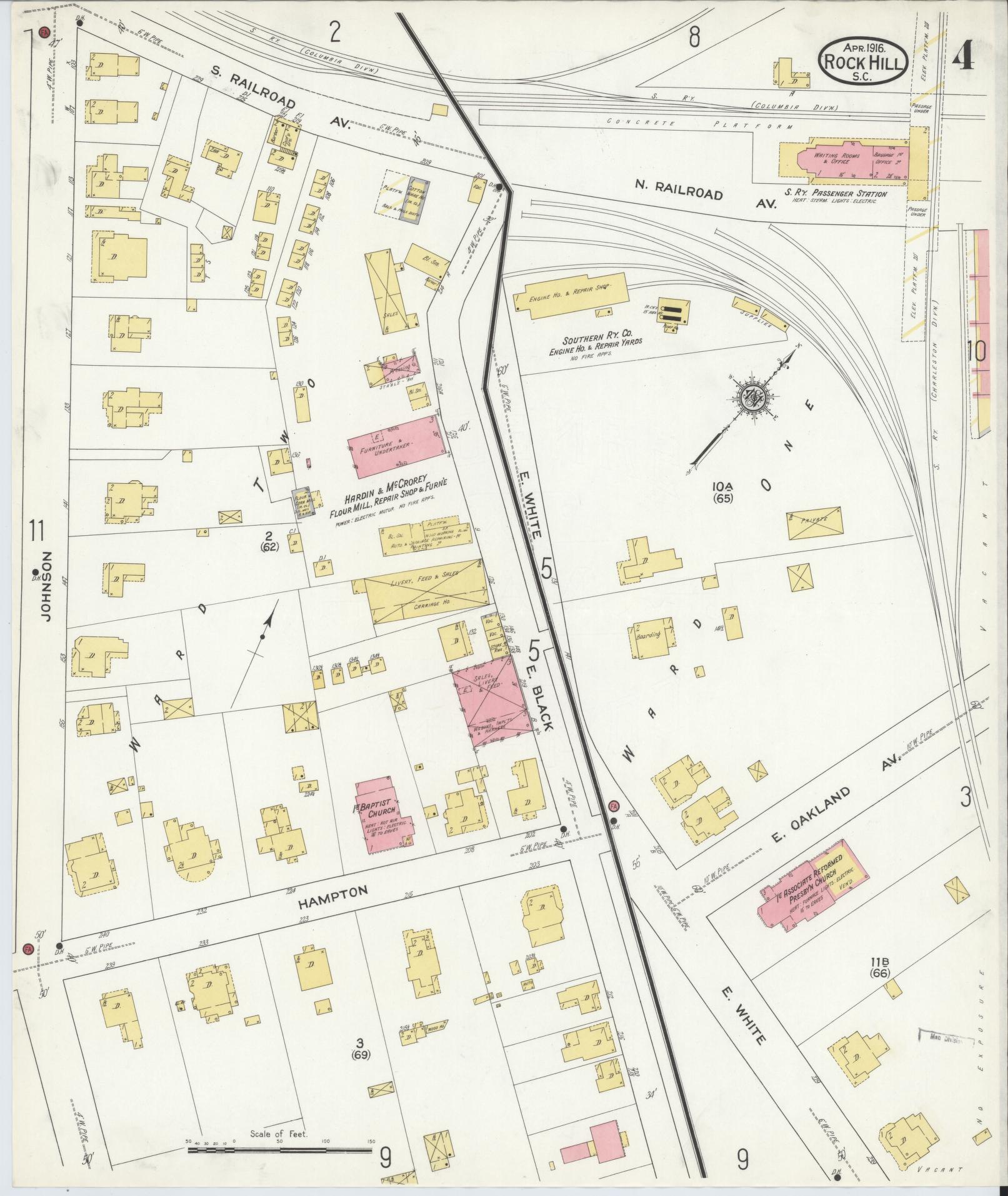 Sanborn Fire Insurance Map from Rock Hill, York County, South Carolina (1916), Sheet #0004 - Complete Map Set gallery image, historic Sanborn map, vintage wall art, South Carolina South Carolina