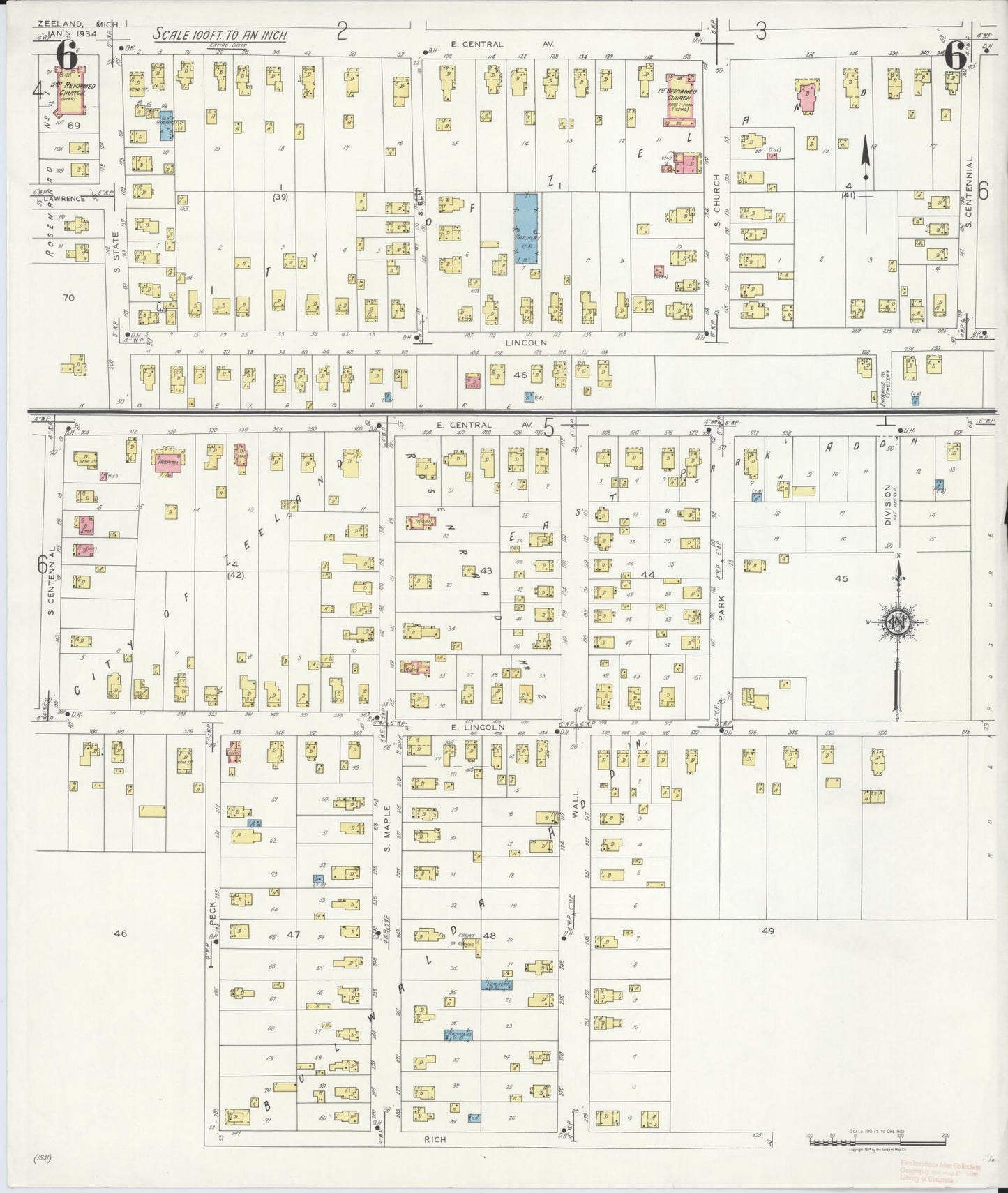 Sanborn Fire Insurance Map from Zeeland, Ottawa County, Michigan (1934), Sheet #0006 - Historic Sanborn Fire Insurance Map Print, vintage old map wall art, antique decor, genealogy gift, Michigan Michigan map