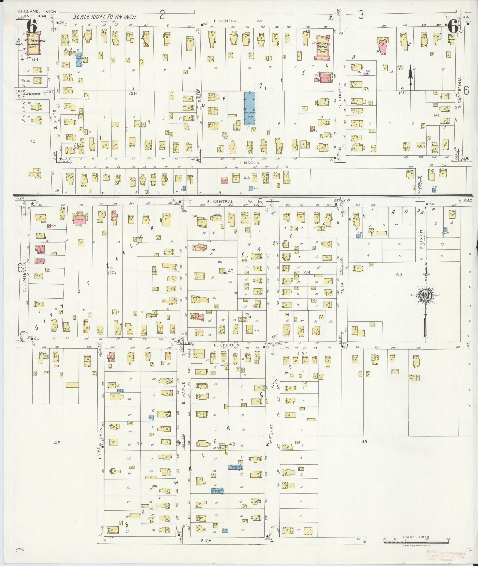 Sanborn Fire Insurance Map from Zeeland, Ottawa County, Michigan (1934), Sheet #0006 - Historic Sanborn Fire Insurance Map Print, vintage old map wall art, antique decor, genealogy gift, Michigan Michigan map