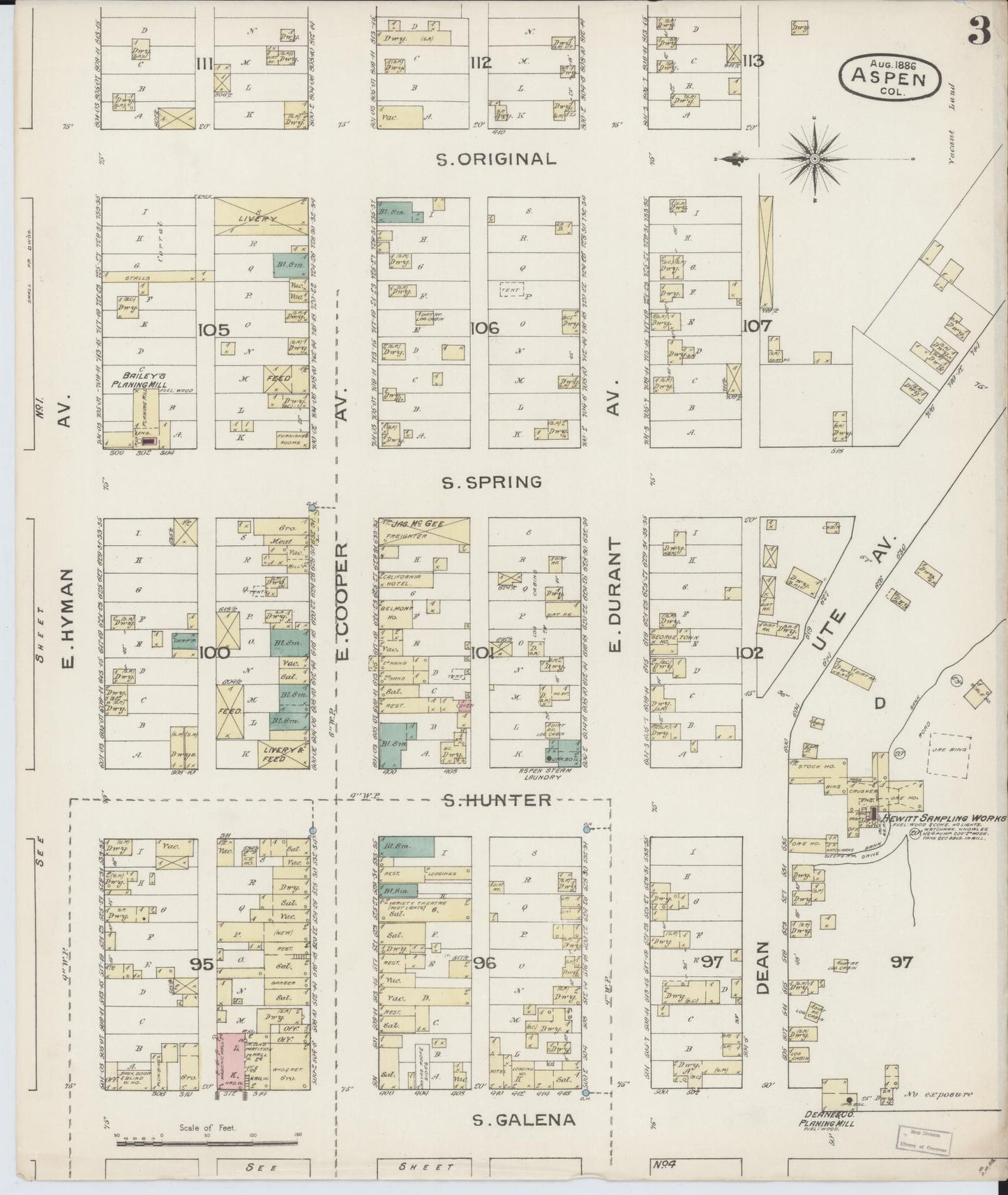 Sanborn Fire Insurance Map from Aspen, Pitkin County, Colorado (1886), Sheet #0003 - Complete Map Set gallery image, historic Sanborn map, vintage wall art, Colorado Colorado