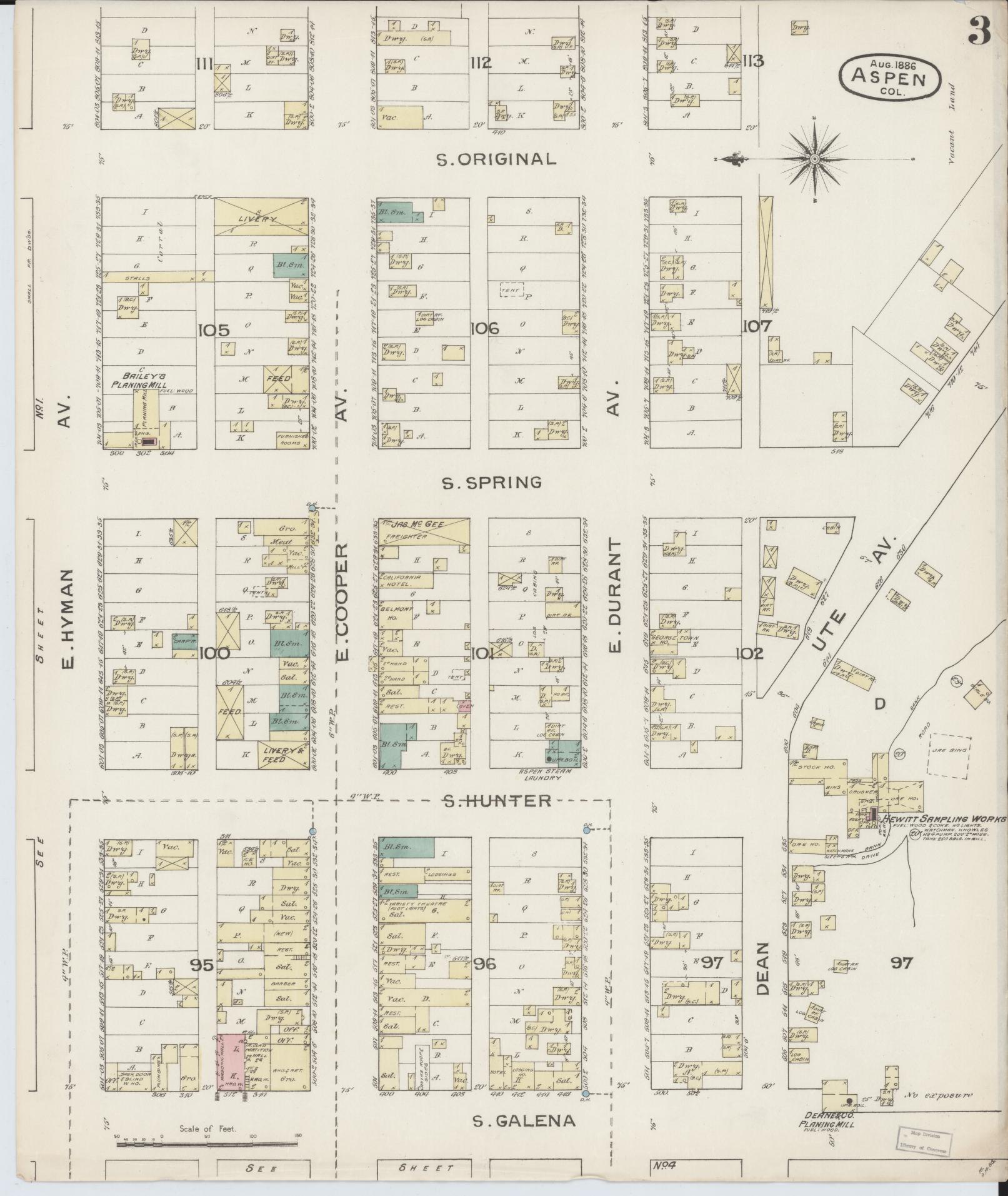 Sanborn Fire Insurance Map from Aspen, Pitkin County, Colorado (1886), Sheet #0003 - Complete Map Set gallery image, historic Sanborn map, vintage wall art, Colorado Colorado
