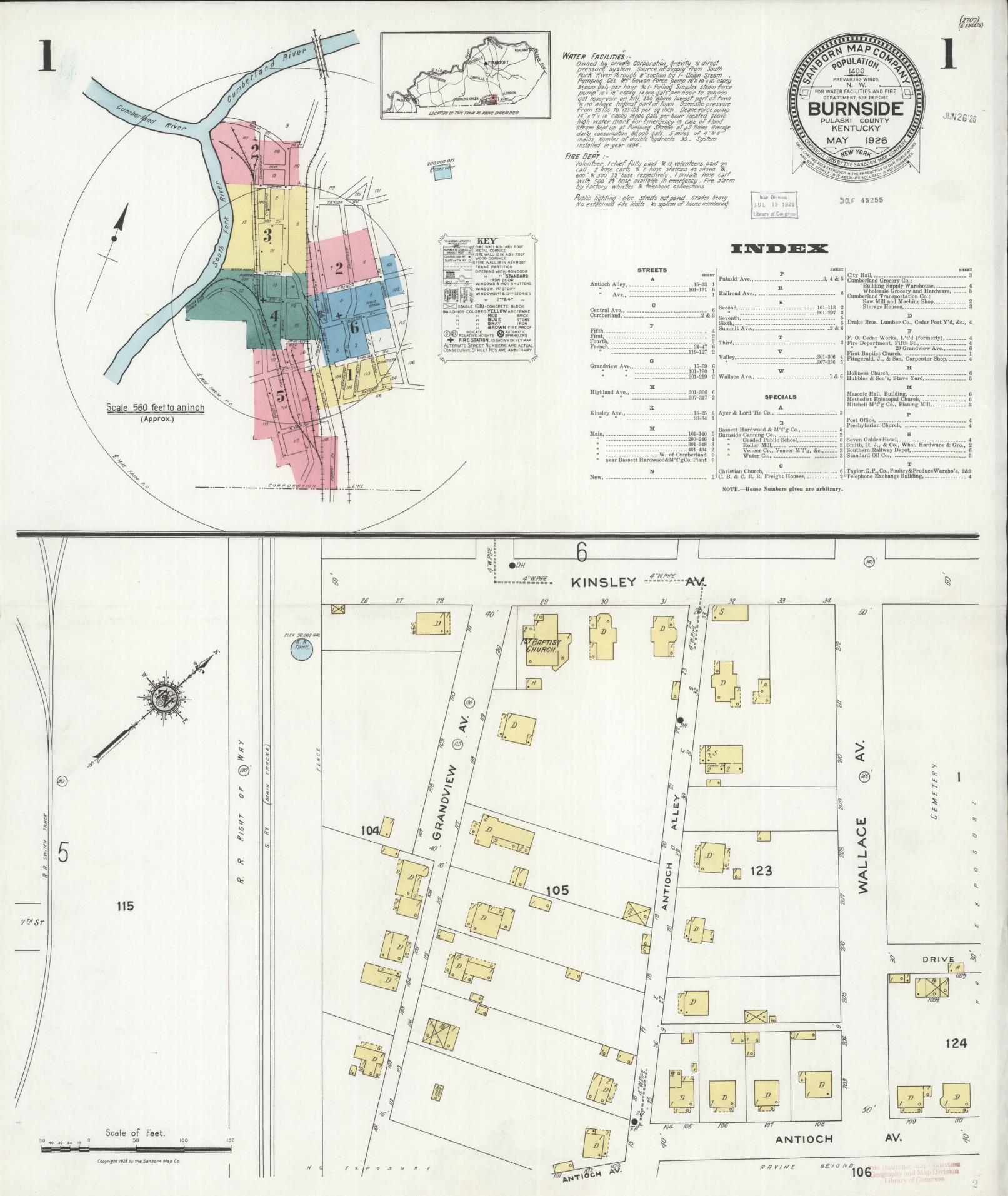 Sanborn Fire Insurance Map from Burnside, Pulaski County, Kentucky (1926), Sheet #0001 - Historic Sanborn Fire Insurance Map Print, vintage old map wall art, antique decor, genealogy gift, Kentucky Kentucky map
