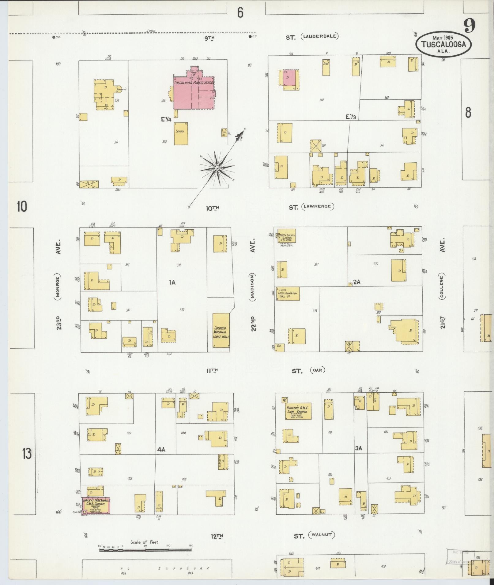 Sanborn Fire Insurance Map from Tuscaloosa, Tuscaloosa County, Alabama (1905), Sheet #0009 - Historic Sanborn Fire Insurance Map Print, vintage old map wall art, antique decor, genealogy gift, Alabama Alabama map