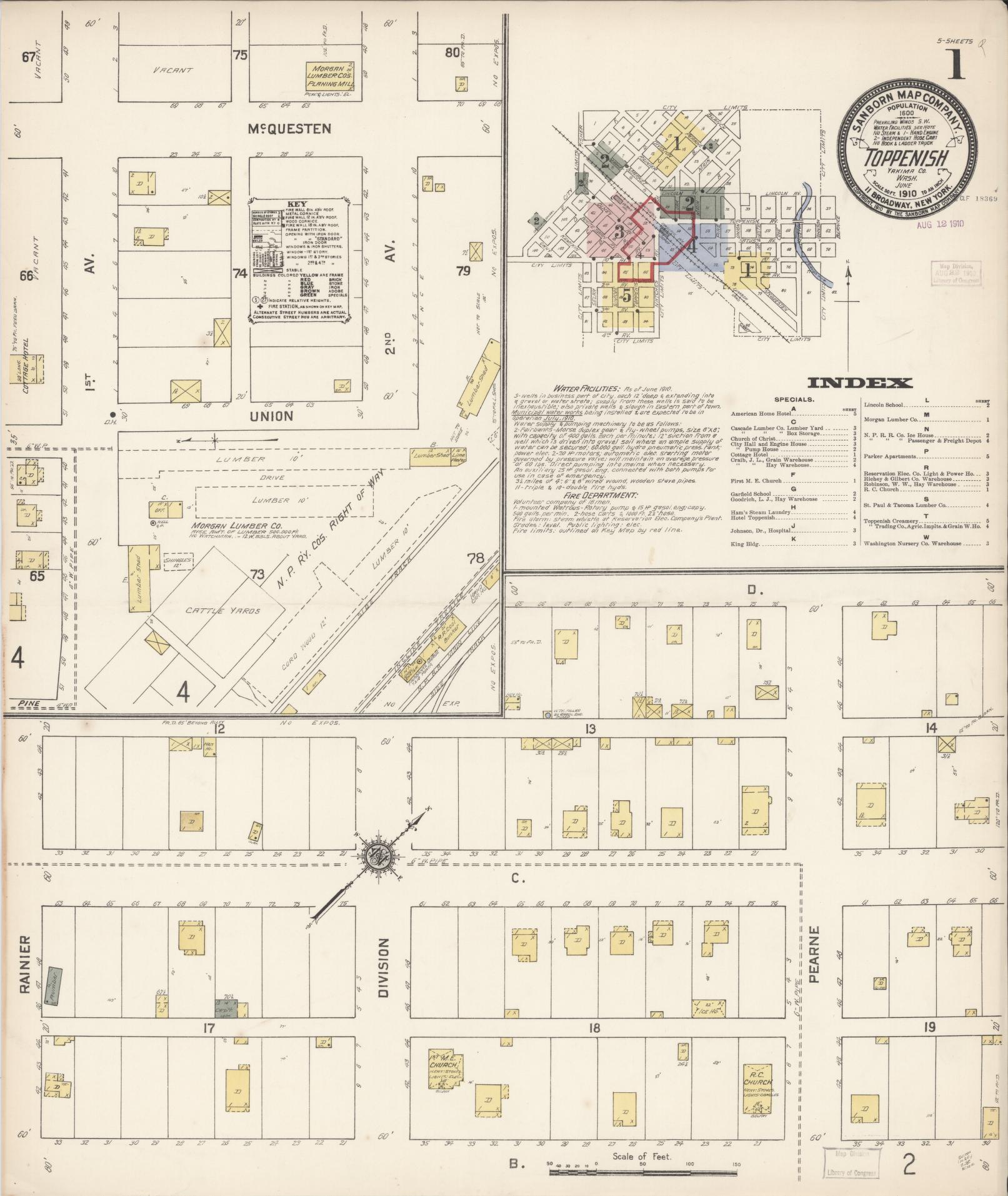 Sanborn Fire Insurance Map from Toppenish, Yakima County, Washington (1910), Sheet #0001 - Complete Map Set gallery image, historic Sanborn map, vintage wall art, Washington Washington