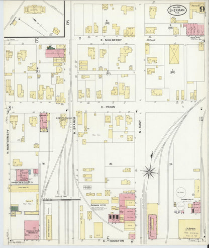 Sanborn Fire Insurance Map from Sherman, Grayson County, Texas (1908), Sheet #0009 - Historic Sanborn Fire Insurance Map Print, vintage old map wall art, antique decor, genealogy gift, Texas Texas map