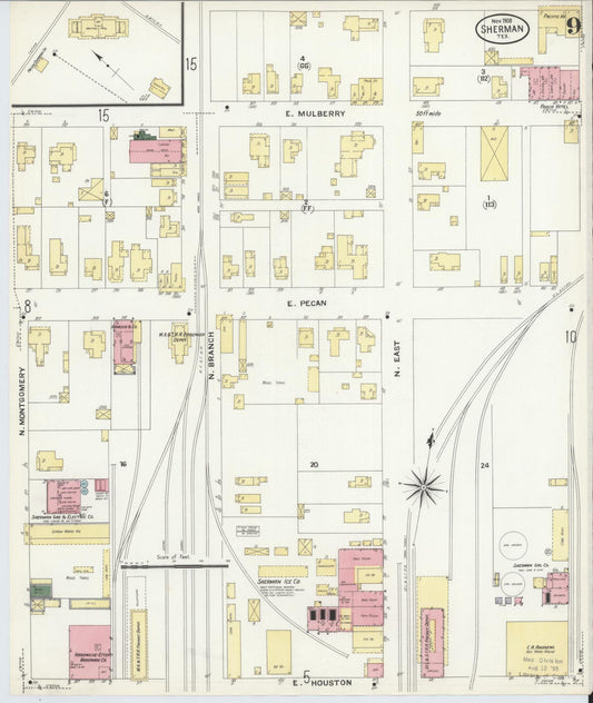 Sanborn Fire Insurance Map from Sherman, Grayson County, Texas (1908), Sheet #0009 - Historic Sanborn Fire Insurance Map Print, vintage old map wall art, antique decor, genealogy gift, Texas Texas map