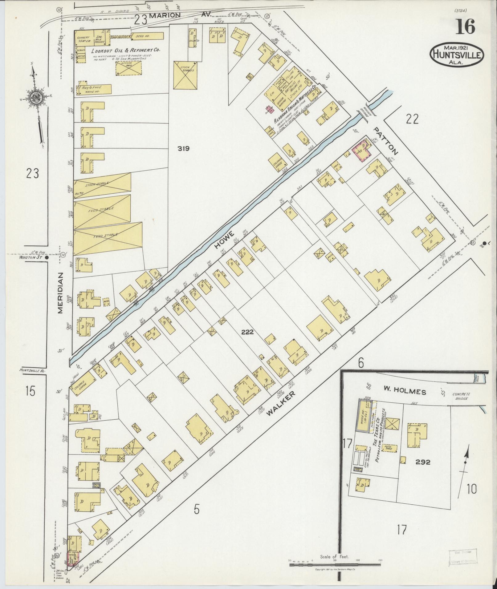 Sanborn Fire Insurance Map from Huntsville, Madison County, Alabama (1921), Sheet #0016 - Historic Sanborn Fire Insurance Map Print, vintage old map wall art, antique decor, genealogy gift, Alabama Alabama map