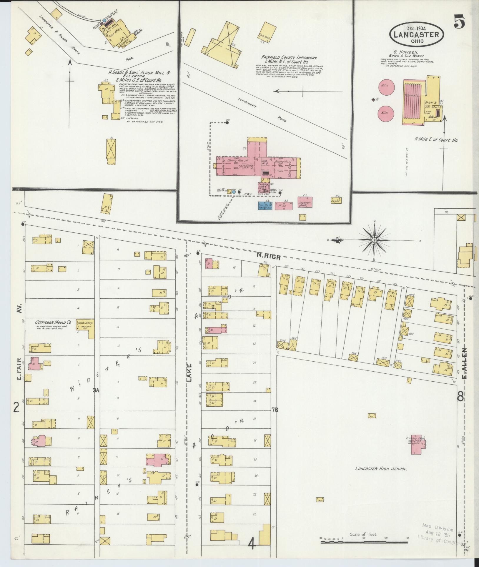Sanborn Fire Insurance Map from Lancaster, Fairfield County, Ohio (1904), Sheet #0005 - Historic Sanborn Fire Insurance Map Print, vintage old map wall art, antique decor, genealogy gift, Ohio Ohio map