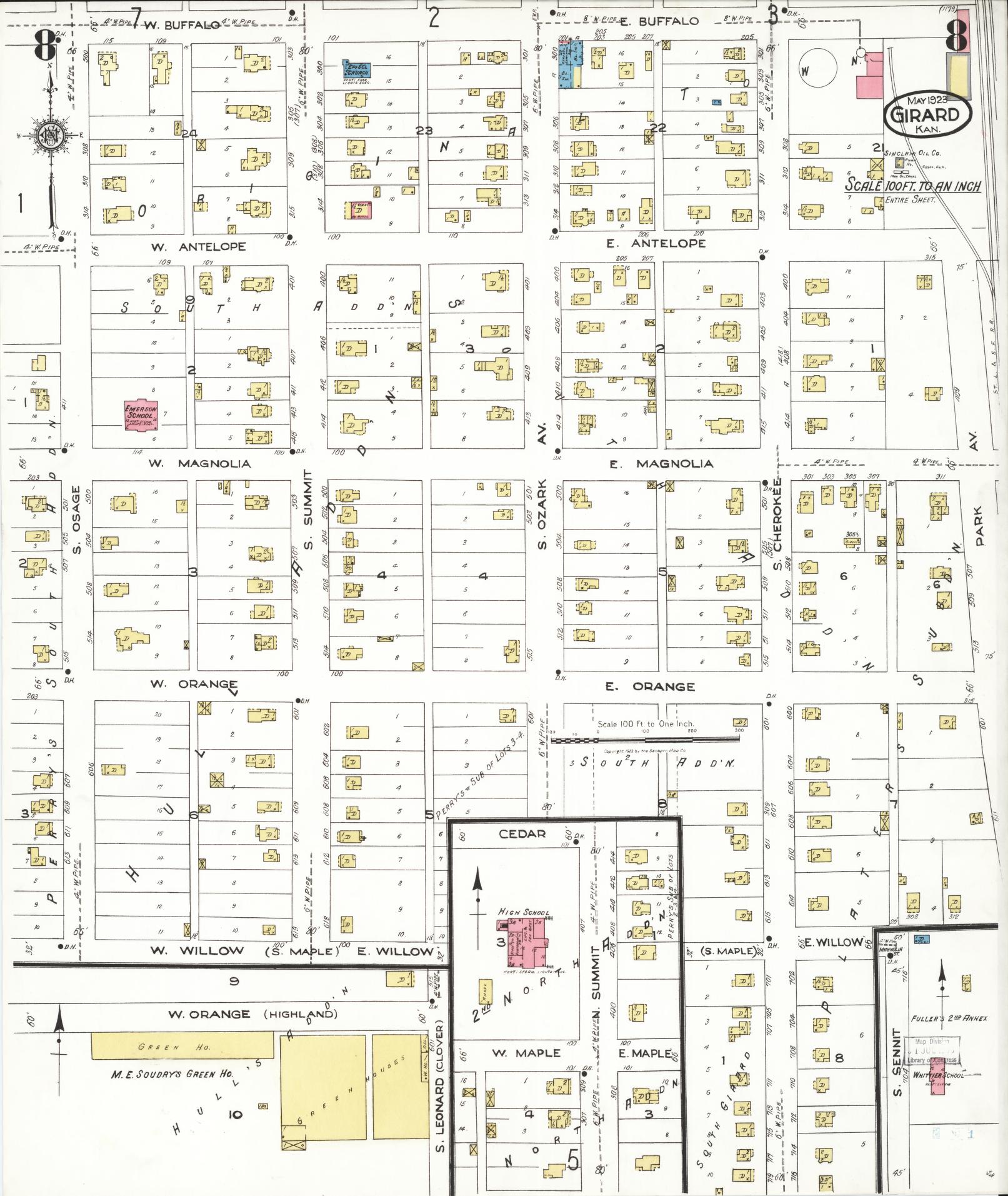 Sanborn Fire Insurance Map from Girard, Crawford County, Kansas (1923), Sheet #0008 - Historic Sanborn Fire Insurance Map Print, vintage old map wall art, antique decor, genealogy gift, Kansas Kansas map