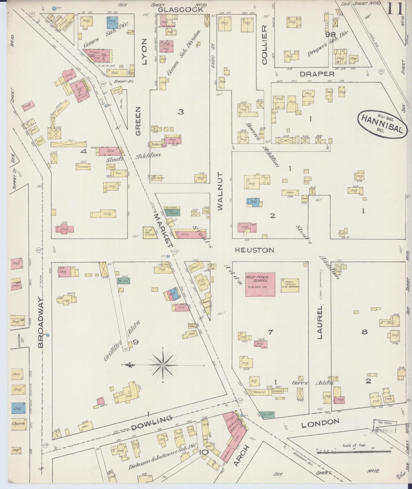 Sanborn Fire Insurance Map from Hannibal, Marion County, Missouri (1885), Sheet #0011 - Complete Map Set gallery image, historic Sanborn map, vintage wall art, Missouri Missouri
