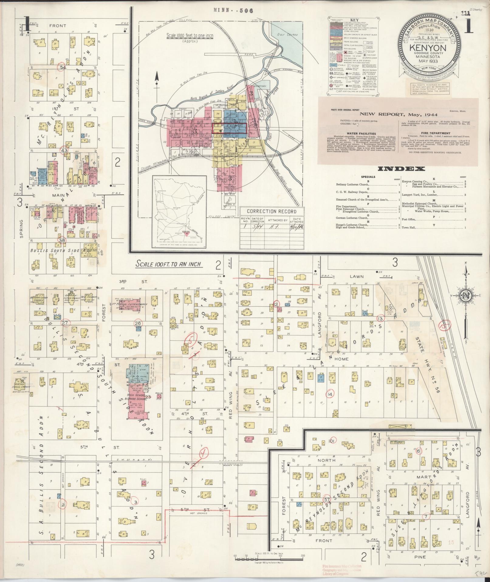 Sanborn Fire Insurance Map from Kenyon, Goodhue County, Minnesota (1944), Sheet #0001 - Complete Map Set gallery image, historic Sanborn map, vintage wall art, Minnesota Minnesota