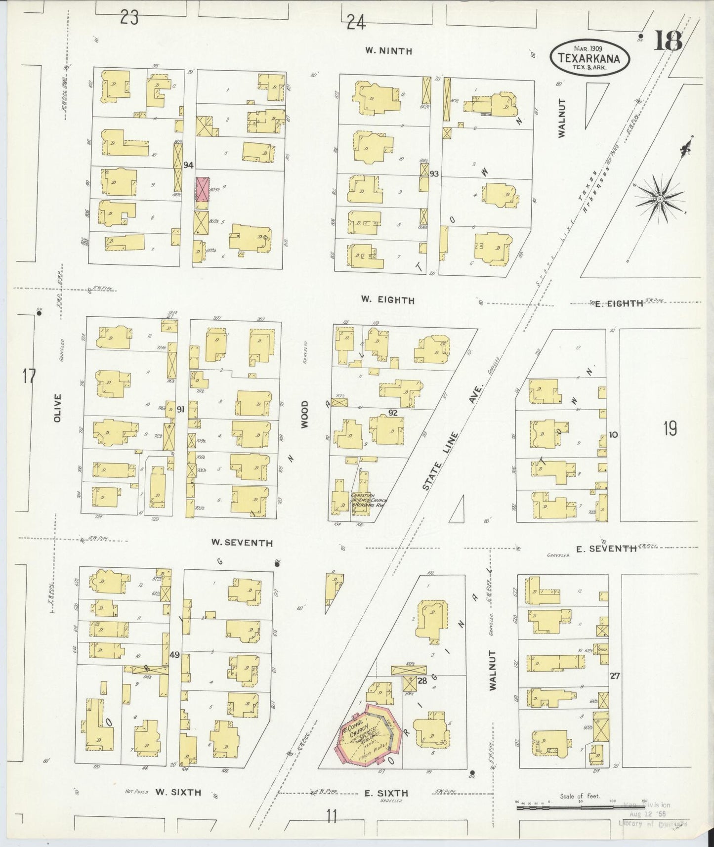 Sanborn Fire Insurance Map from Texarkana, Bowie County, Texas (1909), Sheet #0018 - Historic Sanborn Fire Insurance Map Print, vintage old map wall art, antique decor, genealogy gift, Texas Texas map