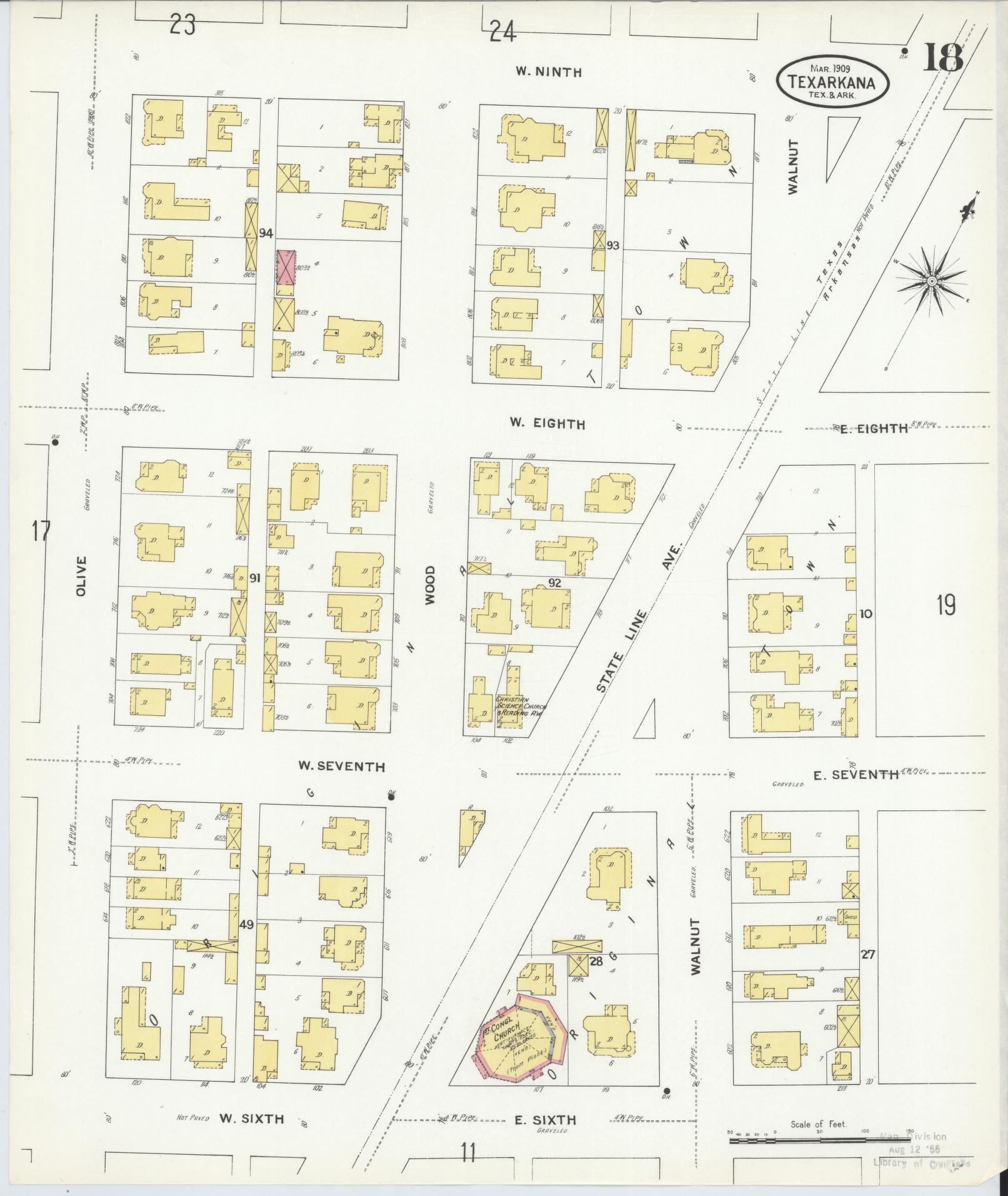 Sanborn Fire Insurance Map from Texarkana, Bowie County, Texas (1909), Sheet #0018 - Historic Sanborn Fire Insurance Map Print, vintage old map wall art, antique decor, genealogy gift, Texas Texas map