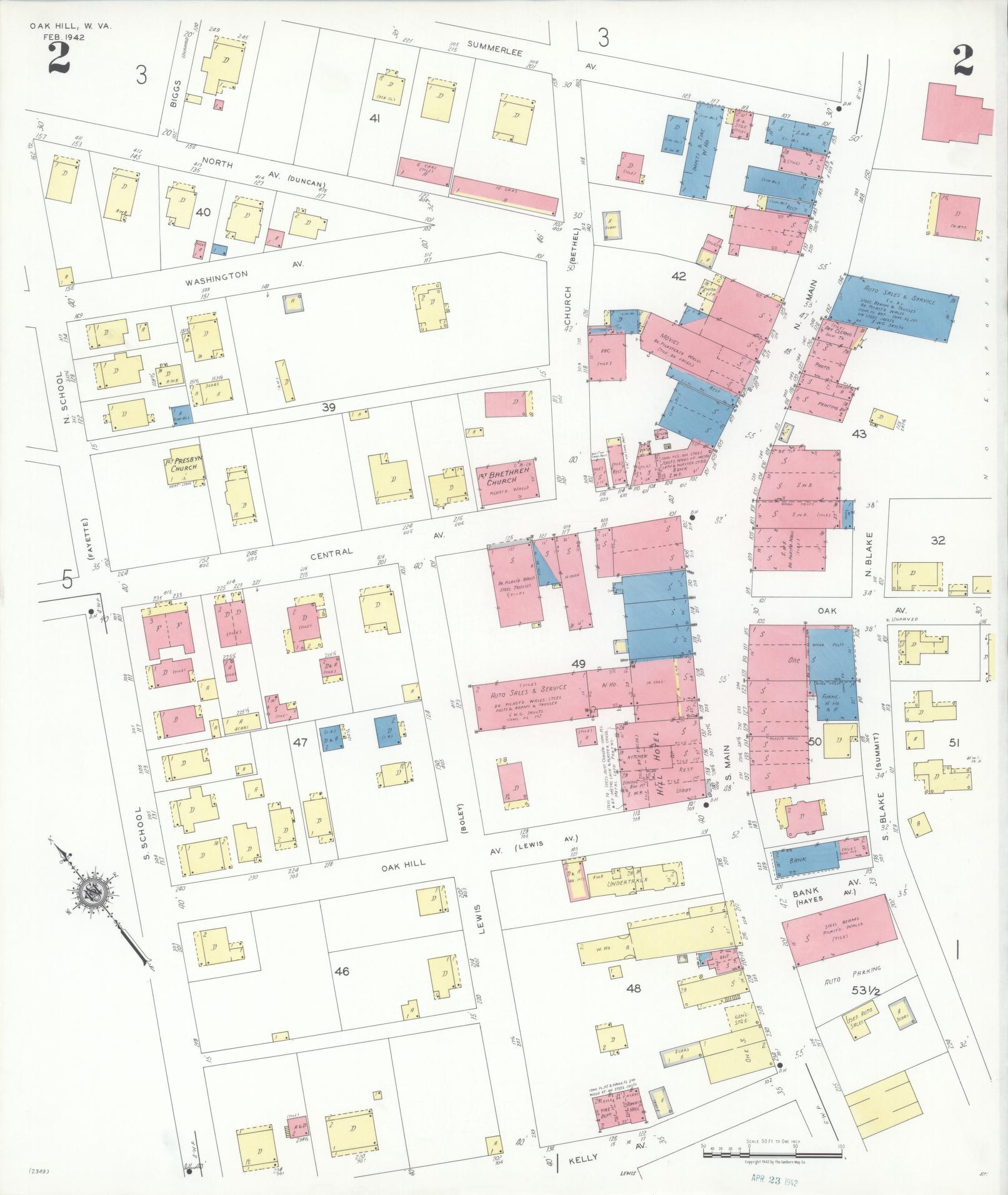 Sanborn Fire Insurance Map from Oak Hill, Fayette County, West Virginia (1942), Sheet #0002 - Complete Map Set gallery image, historic Sanborn map, vintage wall art, West Virginia West Virginia