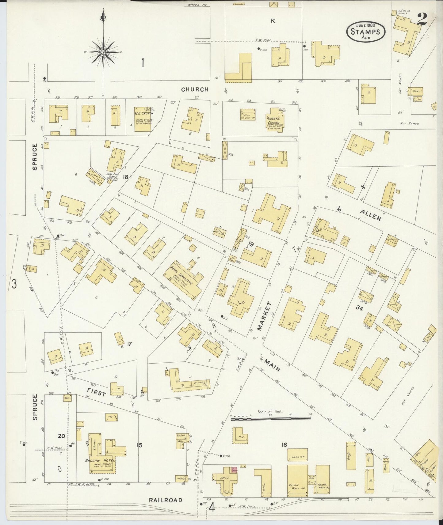 Sanborn Fire Insurance Map from Stamps, Lafayette County, Arkansas (1908), Sheet #0002 - Complete Map Set gallery image, historic Sanborn map, vintage wall art, Arkansas Arkansas
