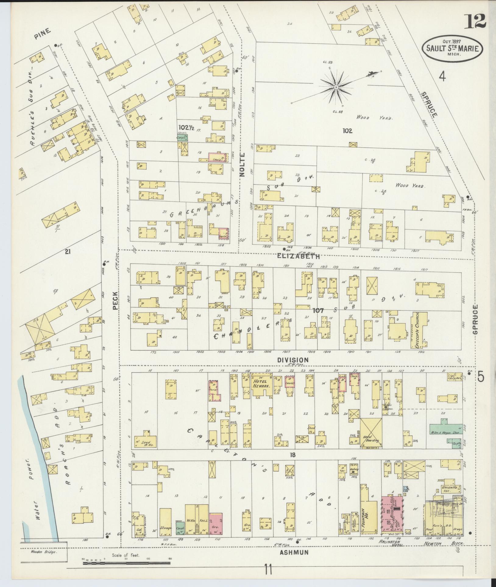 Sanborn Fire Insurance Map from Sault Sainte Marie, Chippewa County, Michigan (1897), Sheet #0012 - Complete Map Set gallery image, historic Sanborn map, vintage wall art, Michigan Michigan