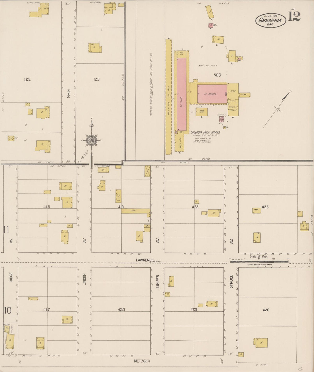 Sanborn Fire Insurance Map from Gresham, Multnomah County, Oregon (1922), Sheet #0012 - Historic Sanborn Fire Insurance Map Print, vintage old map wall art, antique decor, genealogy gift, Oregon Oregon map